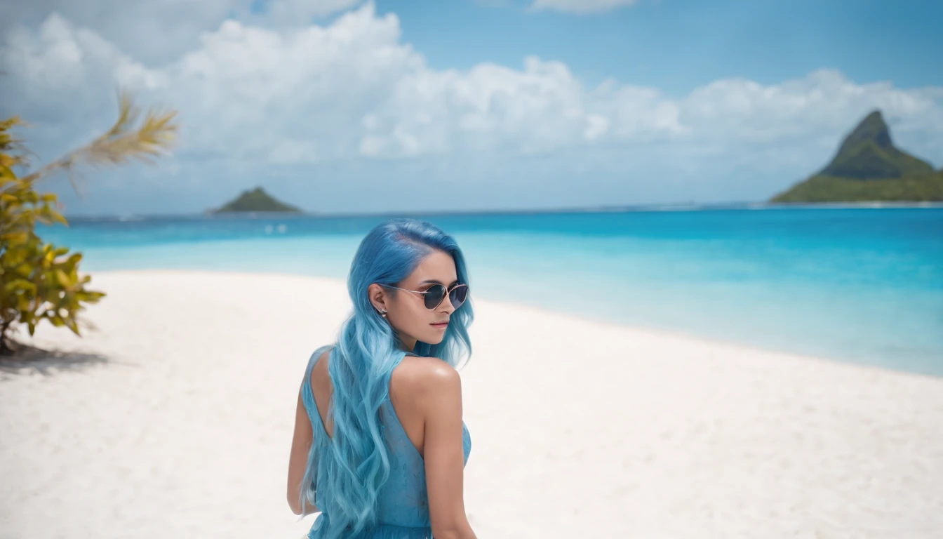 summer combined with a girl wearing sunglasses with blue hair walking on the beach with no houses around and looking back at the lens, the photo background is bora bora with white sand and clear blue sea, the girl with seductive figure, round bust, in color, island application style, brilliant wave, novel 85 wave, light and dark color combination, dark white and dark blue urban fairy tale