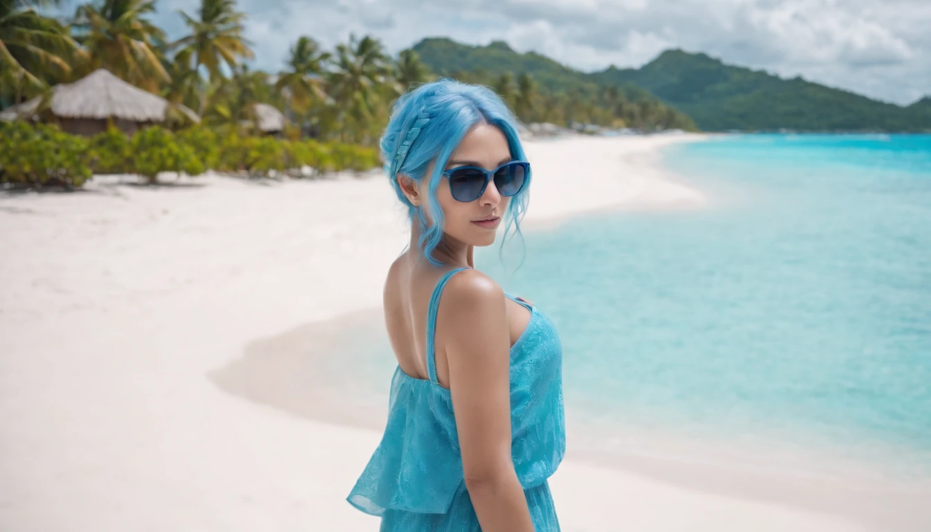 summer combined with a girl wearing sunglasses with blue hair walking on the beach with no houses around and looking back at the lens, the photo background is bora bora with white sand and clear blue sea, the girl with seductive figure, round bust, in color, island application style, brilliant wave, novel 85 wave, light and dark color combination, dark white and dark blue urban fairy tale