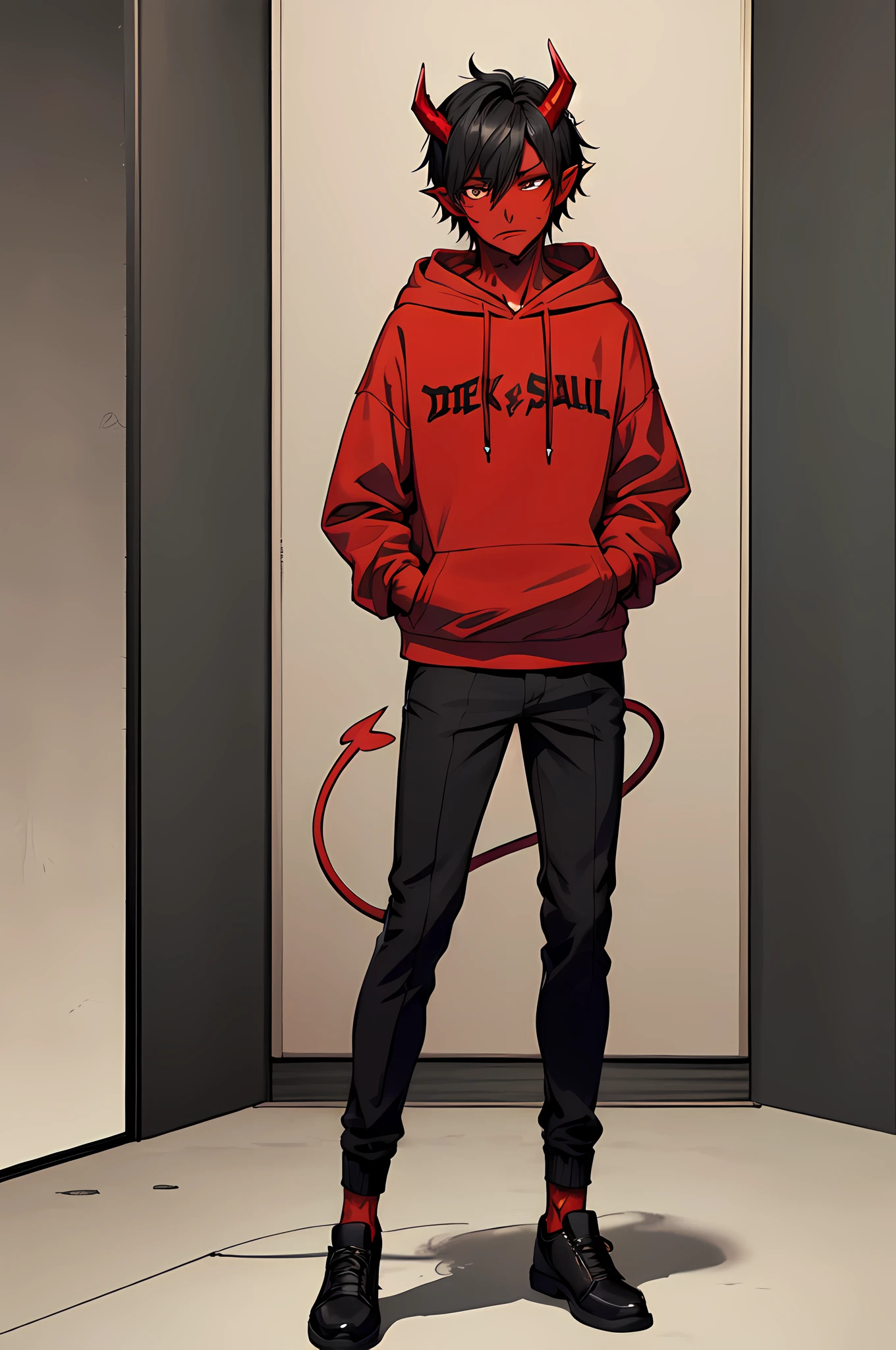 best quality,masterpiece,original,extremely detailed wallpaper,looking at viewer,1boy,solo,male,male focus,black hair,messy hair, anger vein,(((red skin))),black hoodie, shorts black pants, black sock devil horns, devil tails, standing
