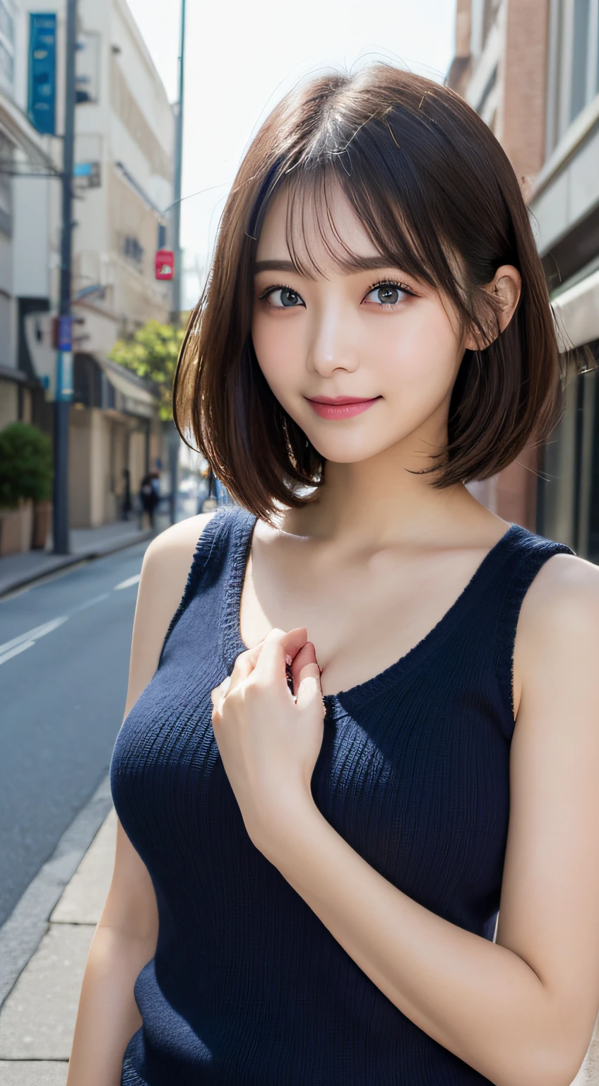 masutepiece, Best quality, Photorealsitic, finedetail, A high resolution, 8K wallpapers, Perfect dynamic composition, Beautiful detailed eyes, Medium short wave hair, Large full breasts, Sparkling sweat on the chest、Place your arms on your chest,Random cases、(Extremely tight sleeveless knitwear 1.3)、Breast bulge、A smile、Beautiful old Asian cityscape、25 age old、(Sagging eyes 1.3)、Adult beauty、natural make up、jpn、Black eyes