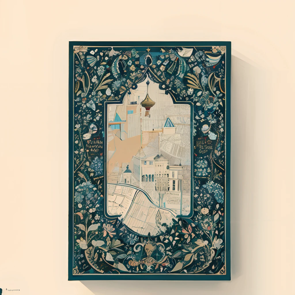 a close up of a map of a city with a bird on it, cartography map art, poster vintage, based on geographical map, by Lubin Baugin, very design, highly detailed map, persian design, persian folkore artstyle, rectangular piece of art, illustrated poster, intricate border, art poster, above view, official print, ornate border frame
