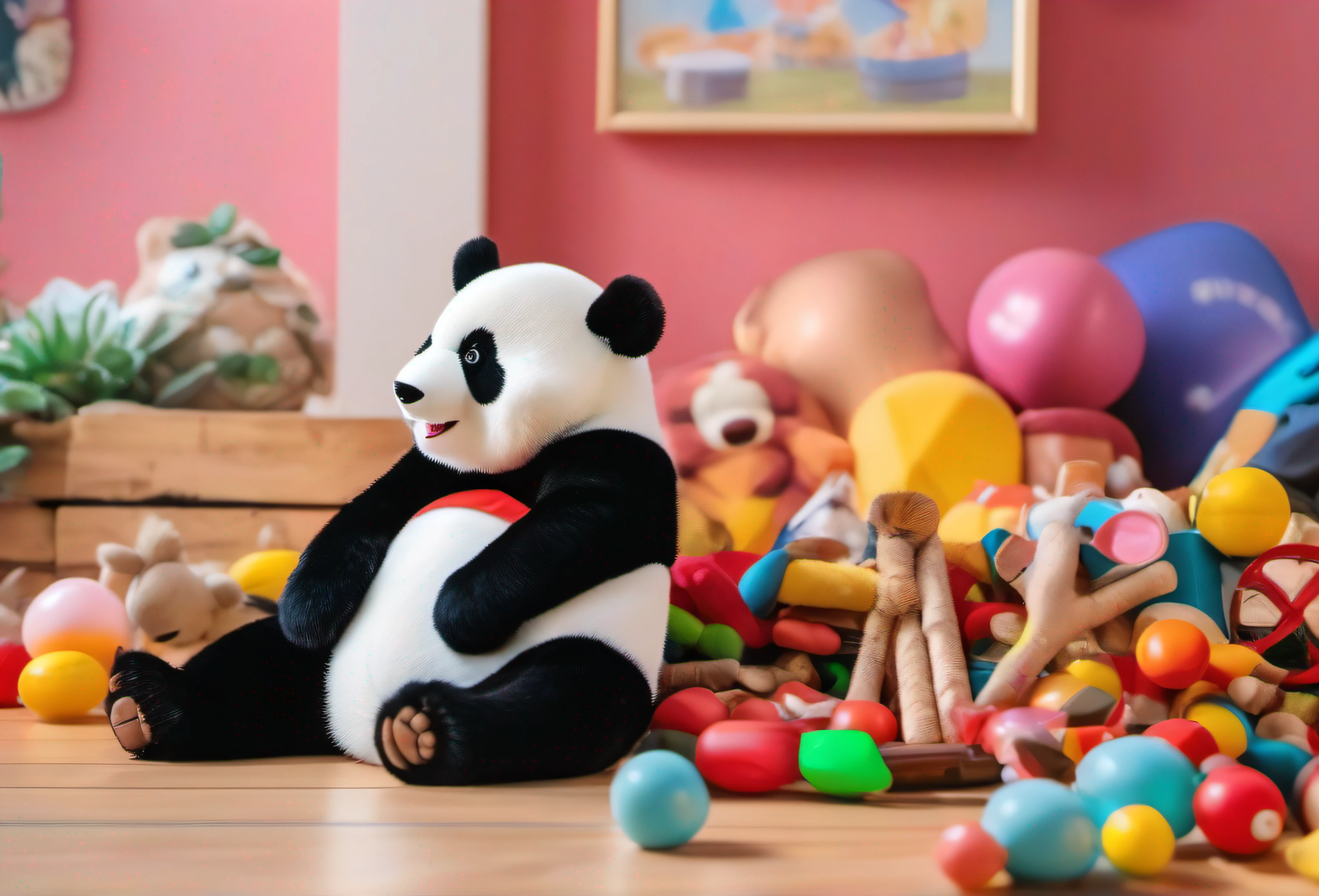 giant panda，Lying on a pile of toys，On the right side of the frame composition，Fundo sala de estar，Toys for children nearby，Disney style，wide wide shot，8K