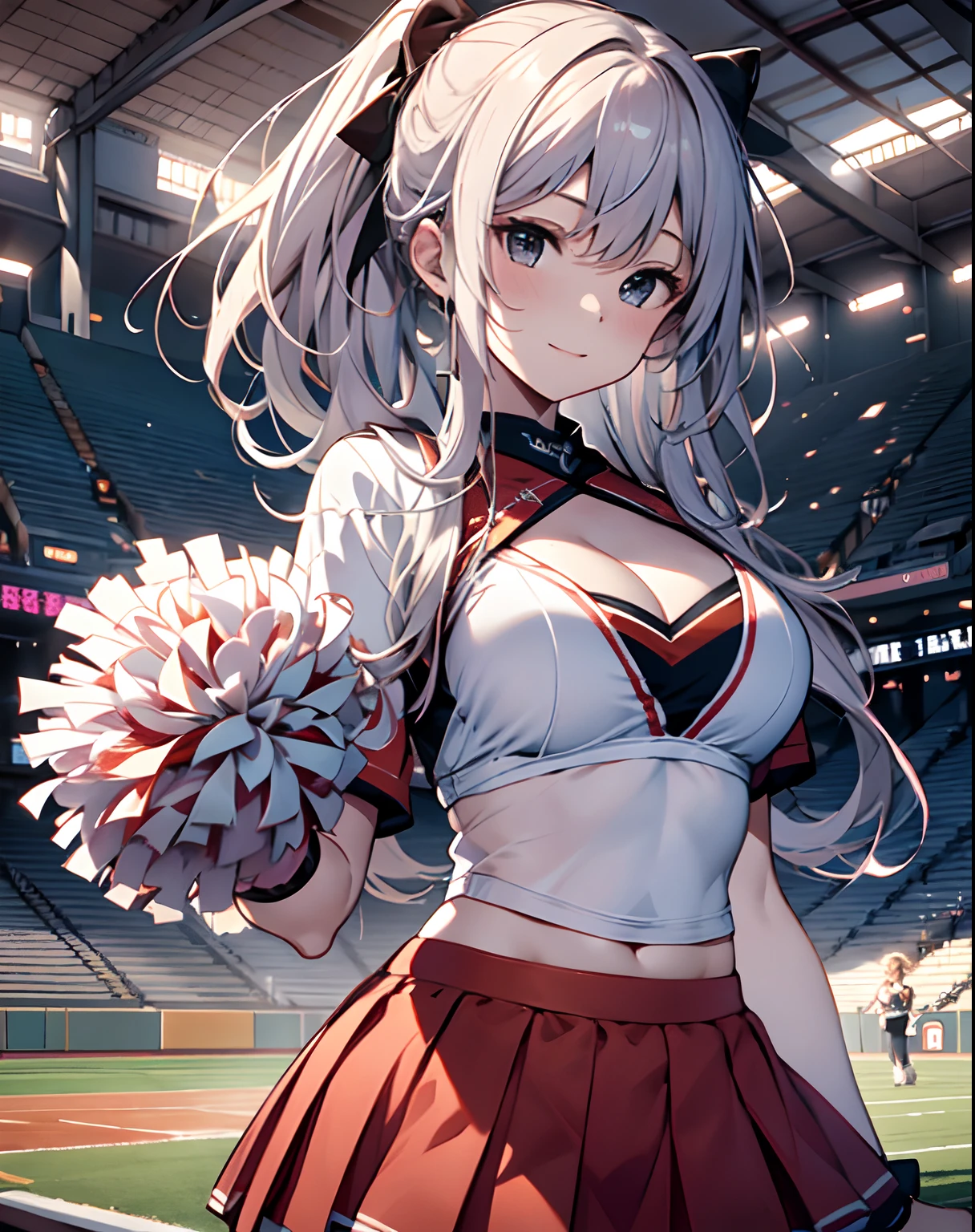 1 female cheerleader，One guy，White shirt，Red skirt，White ball socks，dual horsetail，(plumw:1.3)，ssmile，dynamicposes，Cheerleading pompom in hand，(stadio:1.5)、closeup cleavage、RAW photography, top-quality, A high resolution, (tmasterpiece), (Photorealsitic:1.4),foco nítido, NFFSW, 8K分辨率, intricately details, depth of fields, the Extremely Detailed CG Unity 8K Wallpapers, Frontlighting,