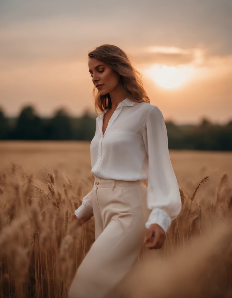 a woman in a white blouse and pants standing in a wheat field, in the style of gossamer fabrics, asymmetrical balance, y2k aesthetic, luminous hues, flowing fabrics, anja millen, kitsch and camp charm, upper body