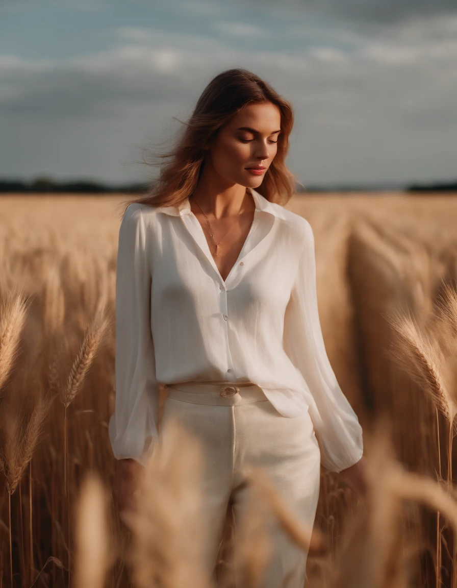 a woman in a white blouse and pants standing in a wheat field, in the style of gossamer fabrics, asymmetrical balance, y2k aesthetic, luminous hues, flowing fabrics, anja millen, kitsch and camp charm, upper body