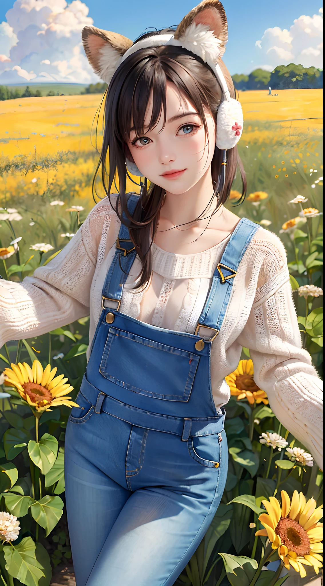 (Masterpiece:1.5, Best quality:1.5), Realistic, (Ultra photo realsisim:1.5), (photograph realistic:1.5), (Real picture, Intricate details), view the viewer, (8K wallpaper:1.5) (From knee to head:1.15), (Detailed face:1.5), (Detailed eyes:1.5), (clear photo),Highly detailed, Ultra-detailed, 超高分辨率, (strong depth of field:1.5)
Style - cute and playful
Positioning - Open field
Background - blue sky and white clouds
Theme - Little girl with pink knitwear and animal earmuffs, Holding a teddy bear
View—Front view
Appearance - short hair, Bright eyes, Ruddy cheeks
Clothing - pink knitted sweater, jeans overalls, White sneakers, Animal earmuffs
Posture - Stand with a big smile, Hug the teddy bear
Details - wildflowers and tall grass in the background, Butterflies and birds flying around
Effect - warm sunlight shines on the girl, Cast a soft glow
Description - A cute and innocent girl enjoying her time in an empty field, Surrounded by the beauty of nature. She wears a pink knitted sweater, jeans overalls, Wear animal earmuffs when hugging teddy bears. The warm sun shines on her，wildflowers gently swaying in the breeze. Butterflies and birds flew around her, adding to the playful atmosphere.