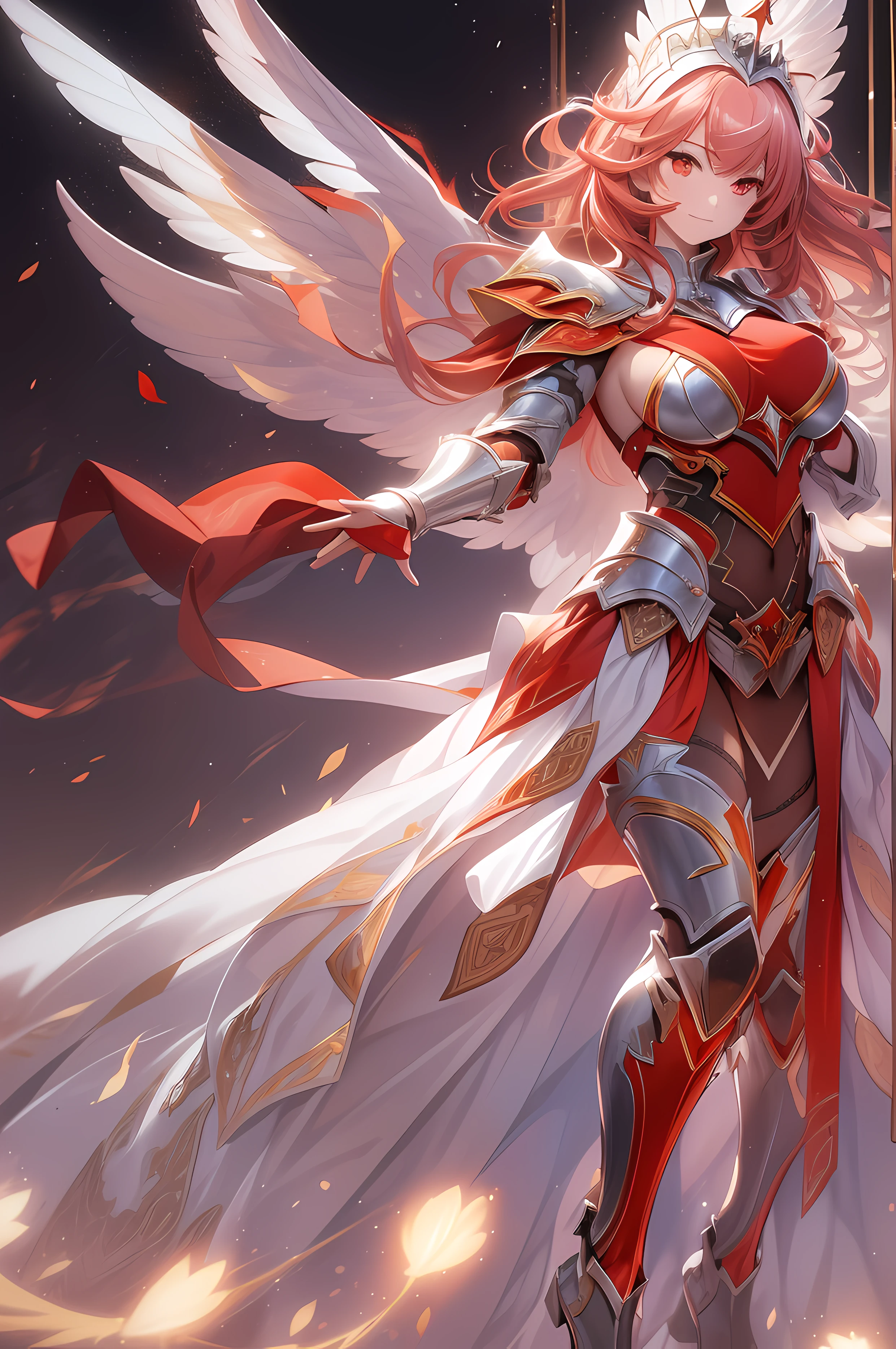 A beautiful Women, absurdres, dancer ((full body armor, shining armor, knight leg armor, boot armor, Shining light knight )), ((dancing)) , perfect body figure, red color hair, wavely hairstyle, light magic, light manipulation, light power, lightbeam attacks, aura of warmth, gentle expression, smile, very big breast, very big ass, age 39, middle age, photo manipulation, altered realities, fantastical scenes, digital artistry, creative editing, evocative narratives, striking visuals , kinetic art, moving sculptures, mechanical creations, interactive installations, dynamic motion, engineering ingenuity, captivating visuals, ((Highest quality)), ((outstanding detail)), ((super high resolution: 3.5)), (fidelity: 1.4), ((best illustration, favor details, perfect detail rendering, ultra HD, masterpiece, ultra high res)), (photorealistic:1.5), raw photo, perfect brightness and darkness, light ray, perfect balance, smooth color transition, full body frame, shining light, white and red color armor, light body aura, light coat, Full detail armor design, crown, shining eyes, red eyes, mature, perfect color layer, pose, domineering, red scarf, royalty, majestic, day, Empress, wind blowing, breeze, perfect color blur, calm, perfect lighting, shining light color crown, red color mantle, halo of red light, movement motion, wings made from the fire