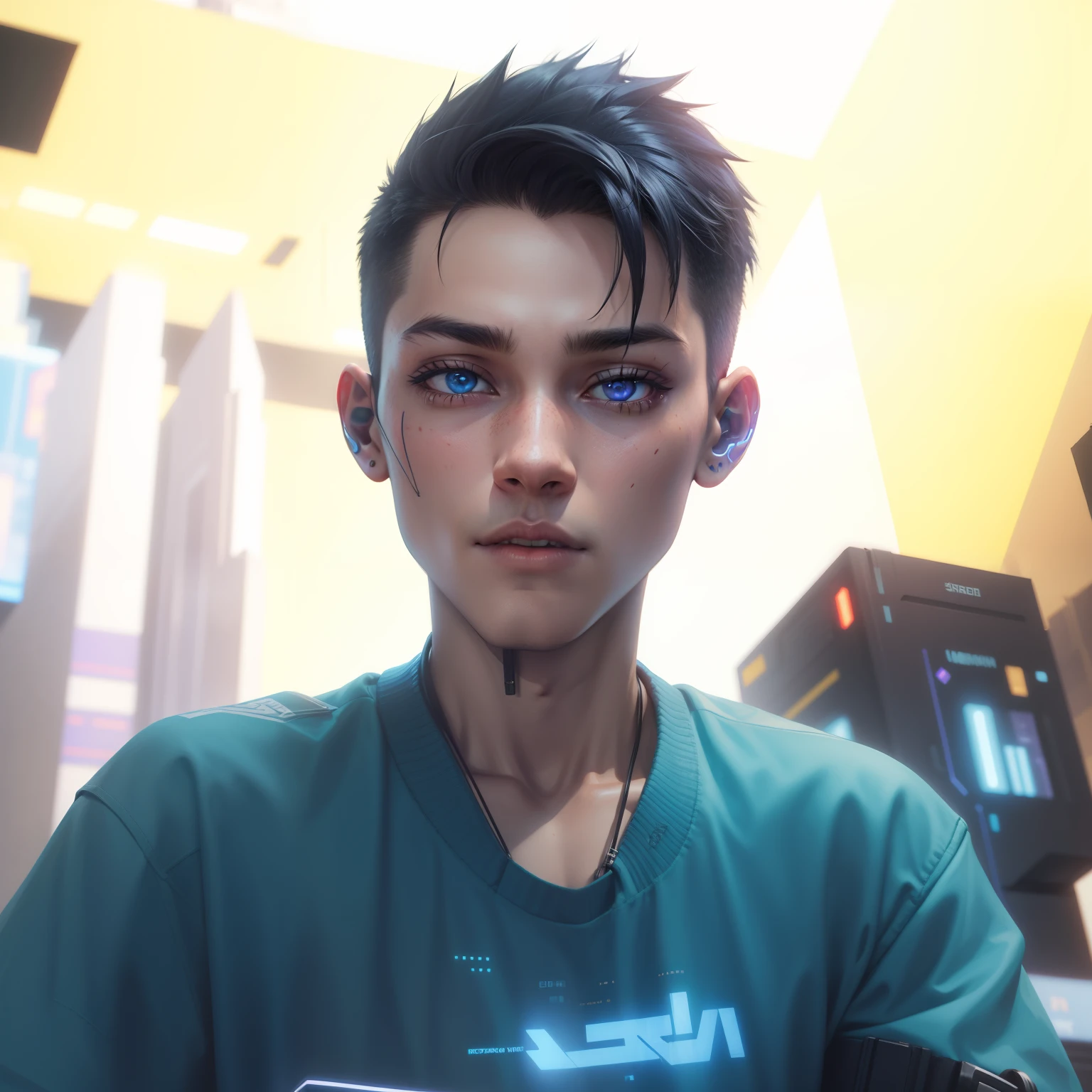 "Cyberpunk-style male with a hyper-realistic aesthetic holding a cat."