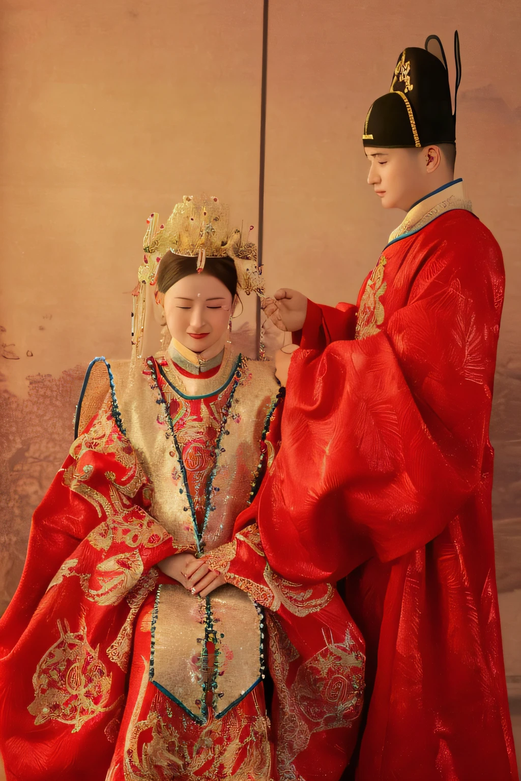 Arakfi in red and gold and a woman in a red dress, Hanfu, Traditional Chinese clothing, Wearing ancient Chinese clothes, Chinese traditional, wearing gilded red royal robes, with acient chinese clothes, wearing gilded red robes, imperial royal elegant clothing, chinese empress, wearing ornate silk clothes, Traditional clothing, traditional tai costume