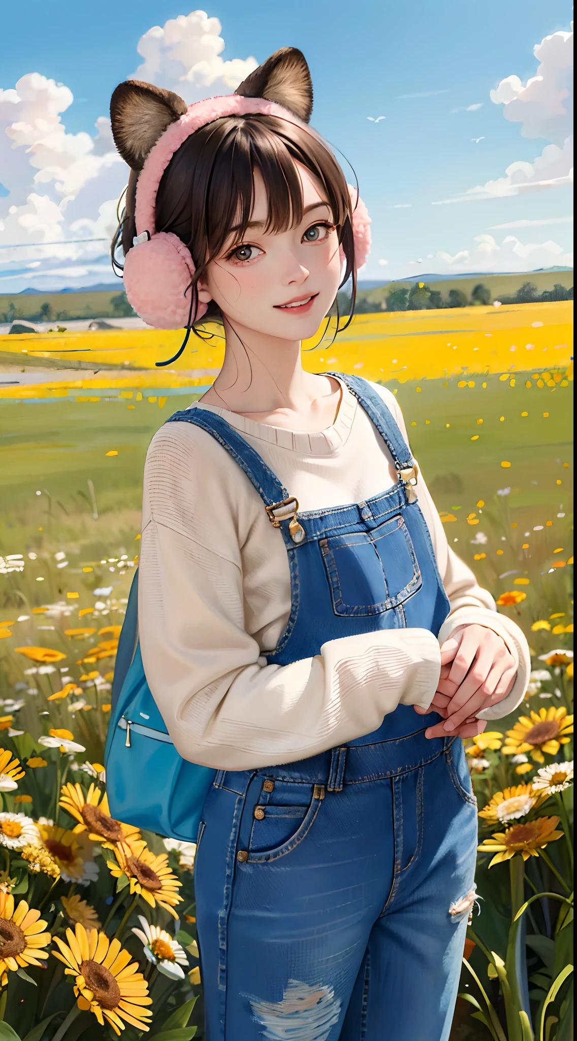 (Masterpiece:1.5, Best quality:1.5), Realistic, (Ultra photo realsisim:1.5), (photograph realistic:1.5), (Real picture, Intricate details), view the viewer, (8K wallpaper:1.5) (From knee to head:1.15), (Detailed face:1.5), (Detailed eyes:1.5), (clear photo),Highly detailed, Ultra-detailed, 超高分辨率, (strong depth of field:1.5)
Style - cute and playful
Positioning - Open field
Background - blue sky and white clouds
Theme - Little girl with pink knitwear and animal earmuffs, Holding a teddy bear
View—Front view
Appearance - short hair, Bright eyes, Ruddy cheeks
Clothing - pink knitted sweater, jeans overalls, White sneakers, Animal earmuffs
Posture - Stand with a big smile, Hug the teddy bear
Details - wildflowers and tall grass in the background, Butterflies and birds flying around
Effect - warm sunlight shines on the girl, Cast a soft glow
Description - A cute and innocent girl enjoying her time in an empty field, Surrounded by the beauty of nature. She wears a pink knitted sweater, jeans overalls, Wear animal earmuffs when hugging teddy bears. The warm sun shines on her，wildflowers gently swaying in the breeze. Butterflies and birds flew around her, adding to the playful atmosphere.
