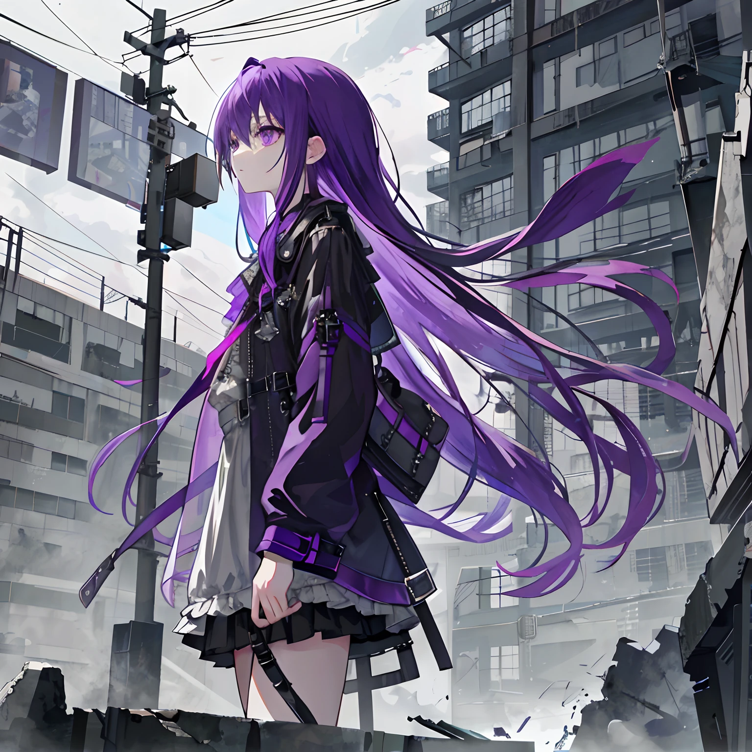 ​masterpiece、top-quality、「Against the backdrop of a collapsed city and water、Girl with long purple hair and purple eyes、Wearing rough purple clothes、Wear military fashion、Create images with a grunge-like atmosphere。Use gray as a secondary color、Add dirty textures and wall cracks、Sharpen imperfect shapes, Irregular lines and grunge。」