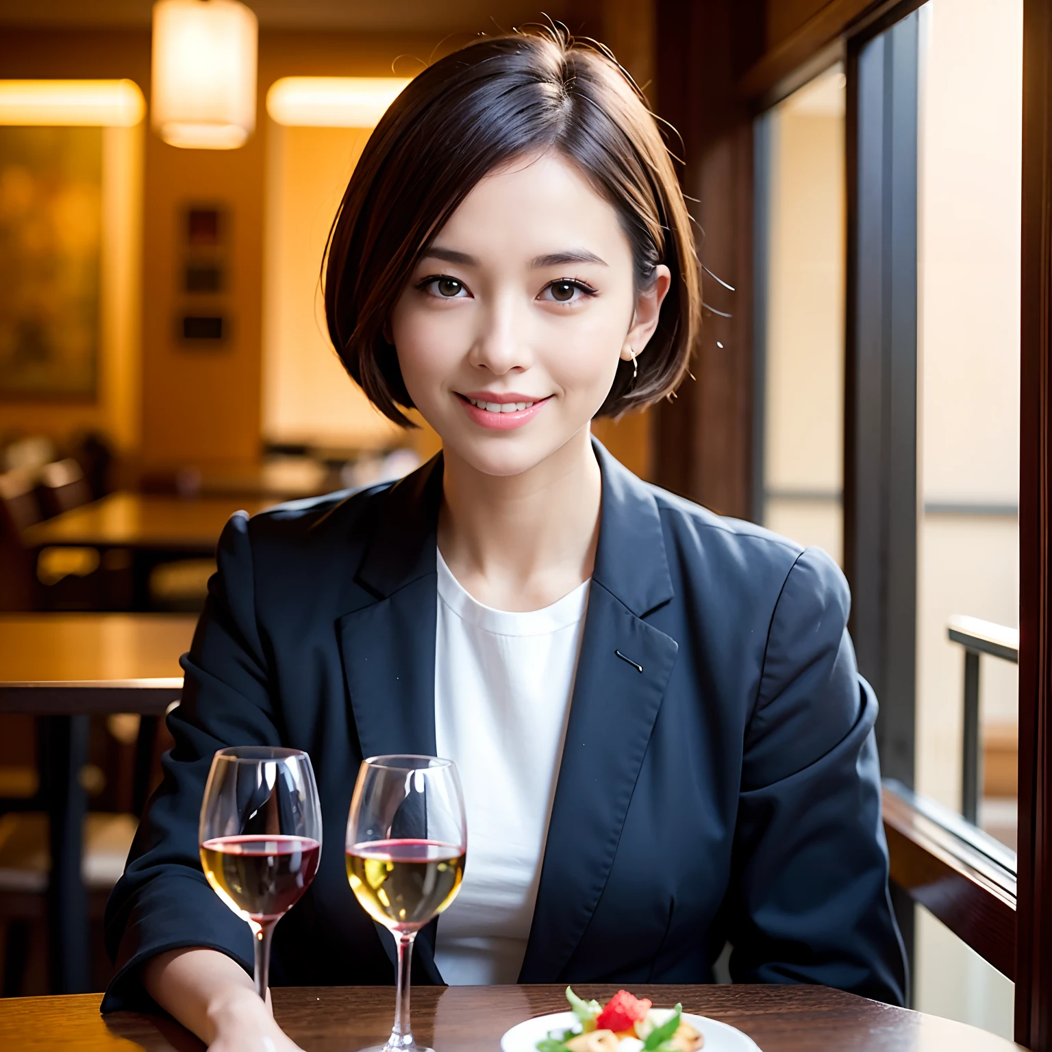 (64K, UHD, top quality, masterpiece: 1.2), (realistic, photorealistic: 1.37), super detailed, pretty woman 1 person, (slim face), (slim body), (brown hair), (short cut), cheeks slightly blushing, (44 years old), 38 years old, solo, beautiful detailed urban night view outside the window, restaurant, wine glasses sit, at night, in a prominent placeNovaFrogStyle, Actress, Model, Waist Up, White Wine, Slim, Wine Glass, Super Clean Night View, Wine Glass Put in the Middle, Happy Smile, (Smile: 1.15), Beautiful Fine Eyes, Upper Body, Bust Japan Up, Night, Short, Short, Actress, Model, Waist Up, White Wine, Slim, Wine Glass, Super Clean Night View, Wine Glass Put in the Middle, Happy Smile,
