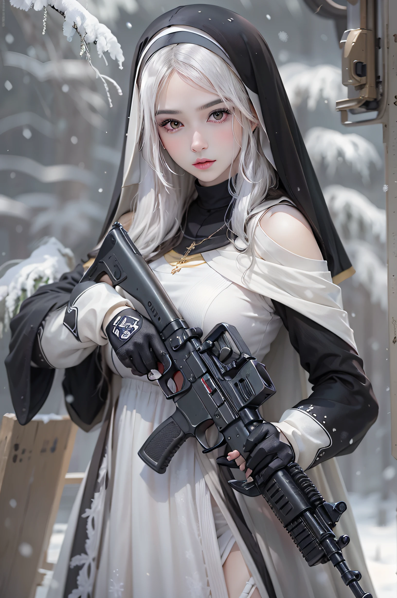 Photorealistic, high resolution, Beautiful tall woman, Solo, Hips up, view the viewer, (Detailed face),White color hair, Long hair, Young nun costume, Stockings,Snow background, Girl aiming AK-47 assault rifle