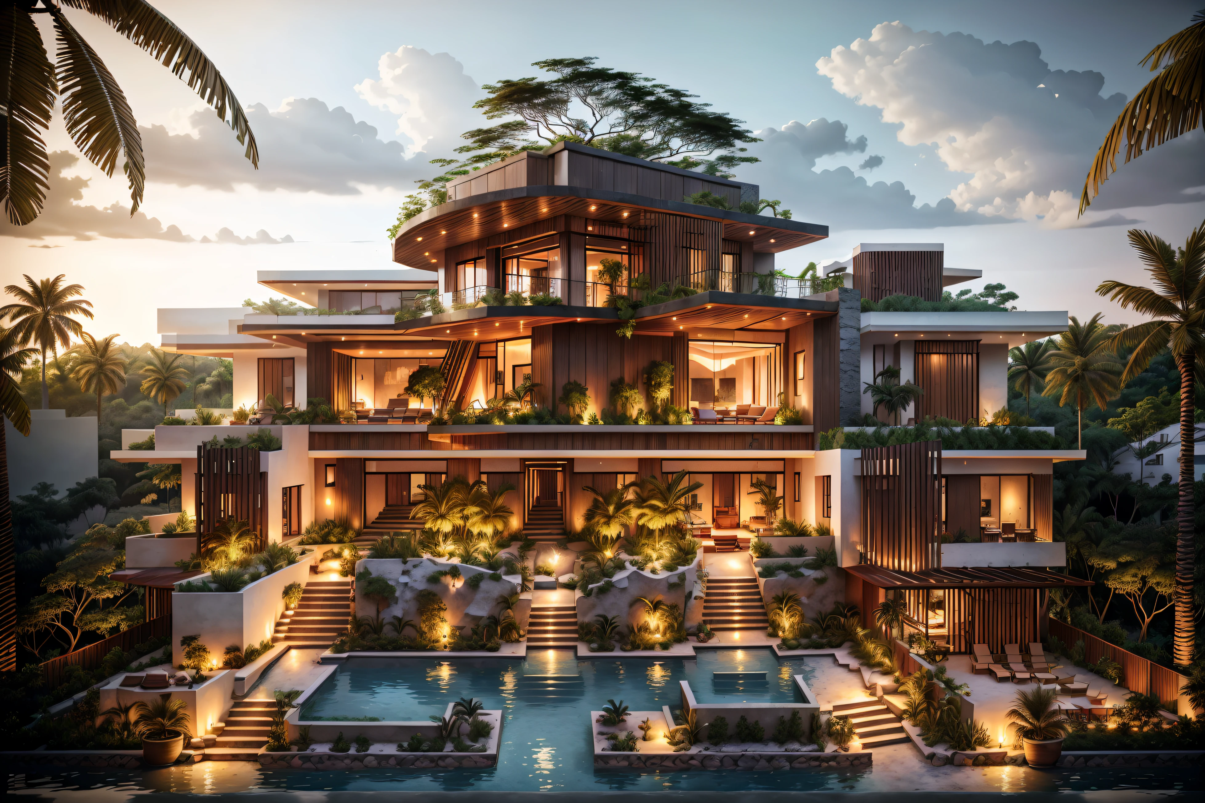 Boho style, luxury jungle villa with roof garden, glass villa with a sloping roof, modern, dynamic (RAW photo, real, best quality, masterpiece:1.2), (hyper realistic, photo-realistic:1.2), high quality, (dark lighting:1.2), perfect lighting, archdaily, award wining sustainable architecture, cinematic light, golden hour light