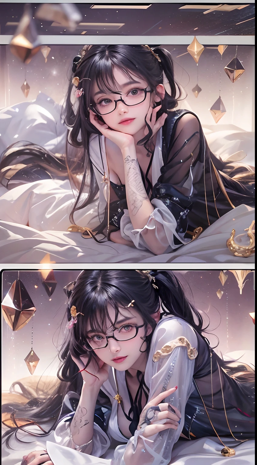1girll,(enchanced quality:1.4),(Top quality true texture skin), Delicate face,Black hair, Gradient hair, Petite body,(perfect bodies:1.1), There are precious stones on the forehead, rimless eyewears, Sparkling pupils,long eyelasher,grin, hyper photorealism, Cinematic lighting, projected inset, surrealism, hyper HD, Masterpiece, 16k,Lie down,dream on,Wear transparent silk pajamas,Carmelto,Legs slightly open,Tattooed with,Fantasy space,Luxurious space