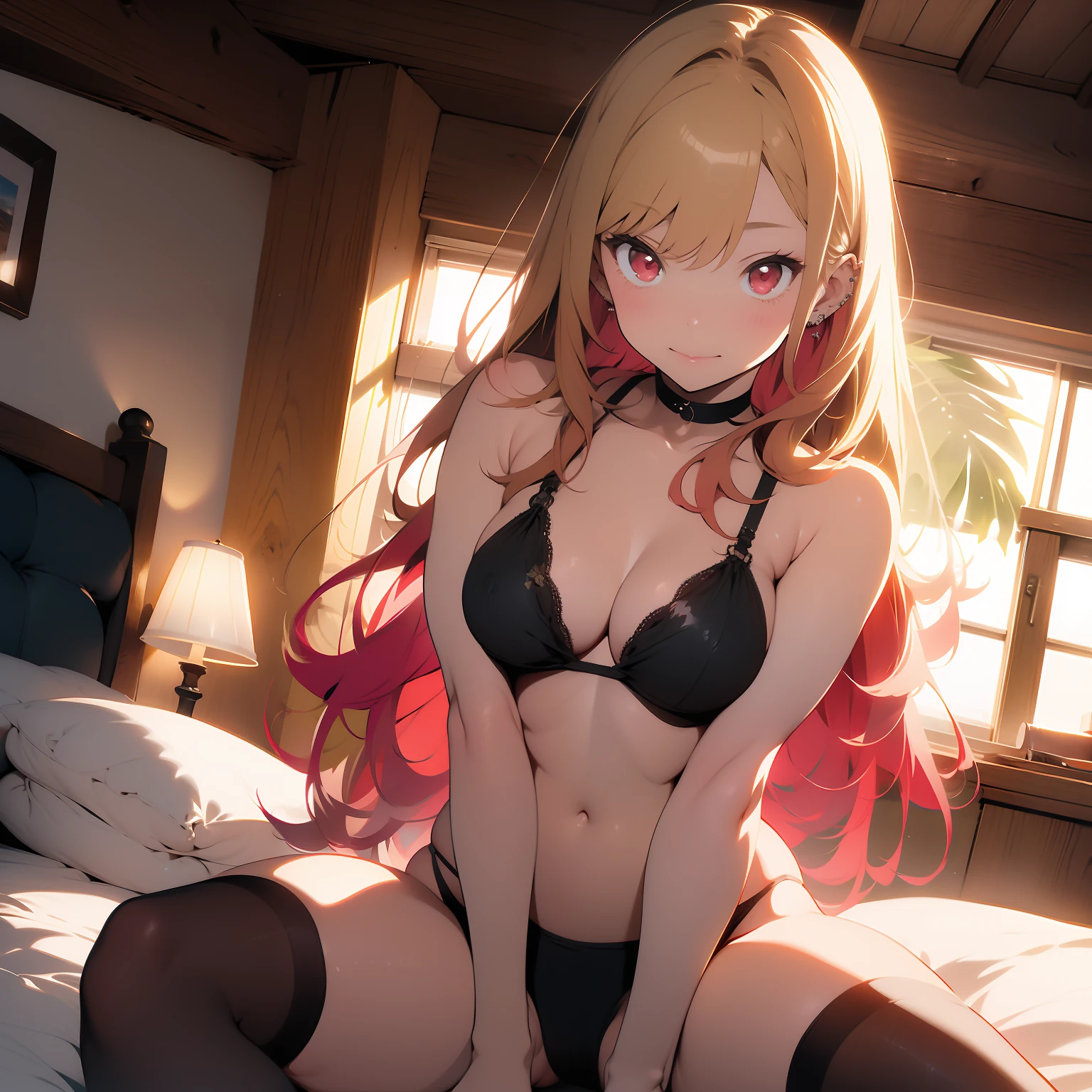 (masterpiece, best quality), Marin Kitagawa, beautiful girl, blonde hair, choker, ear piercing, earrings, long hair, piercing, (red eyes:1.5), straight hair, swept bangs, adult, bed, big chest, black bikini with yellow flowers pattern, flirty, blushing, masturbation from below, Grab your own breasts, One girl, sit on couch, Spread your legs, Raise your legs