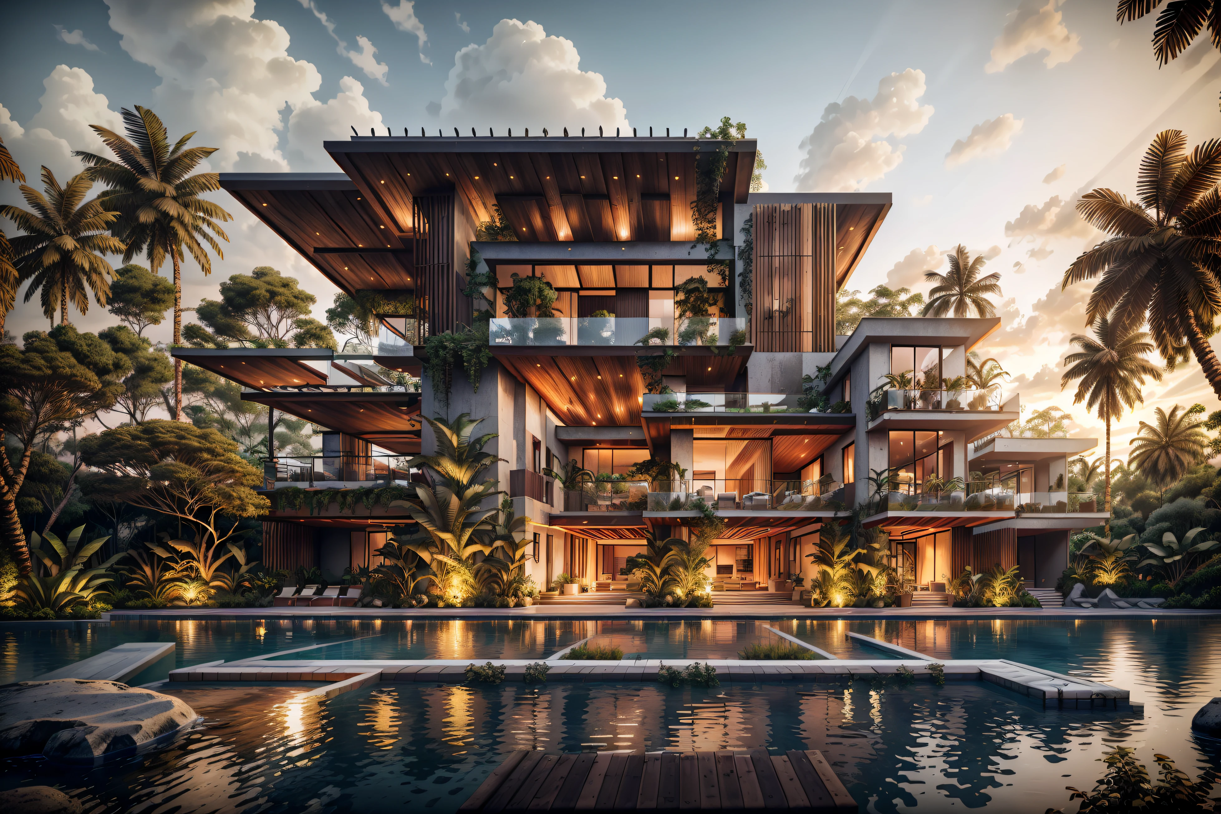 Boho style, luxury jungle villa with roof garden, glass villa with a sloping roof, modern, dynamic (RAW photo, real, best quality, masterpiece:1.2), (hyper realistic, photo-realistic:1.2), high quality, (dark lighting:1.2), perfect lighting, archdaily, award wining sustainable architecture, cinematic light, golden hour light