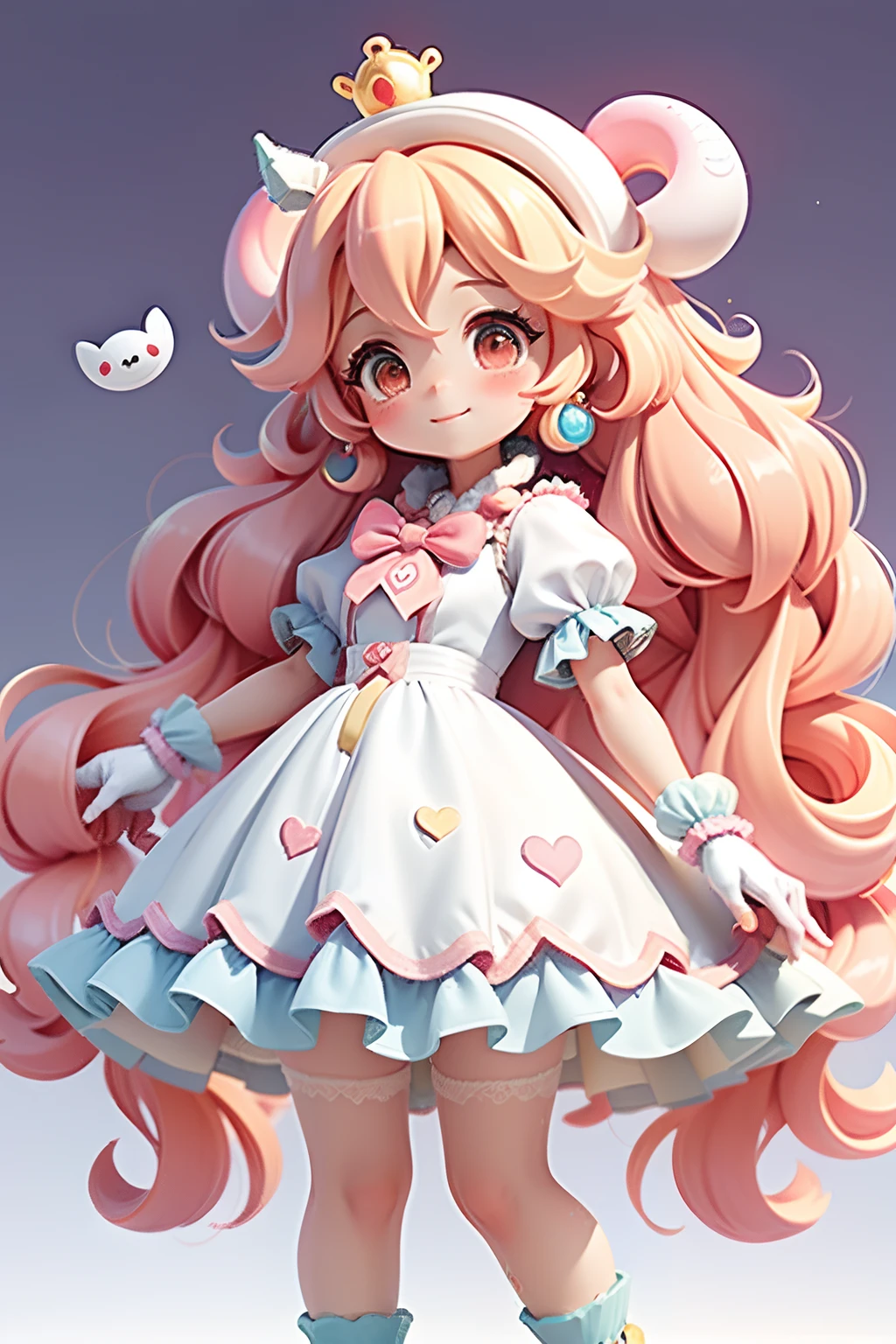 Loli Anime girl(princess peach), wearing white gloves, colorful dress, cute happy smile face, blushing, long socks, cute loli pose, cute big horn, cute uwu face, long colorful hair, with feather design, party spray pain background, colorful paint dress, cabelo mesclado, preso, modern accessories , olhos delicados e detalhados, sorriso delicado e detalhados, opalescente, Perolescente, Holographic, fundo escuro