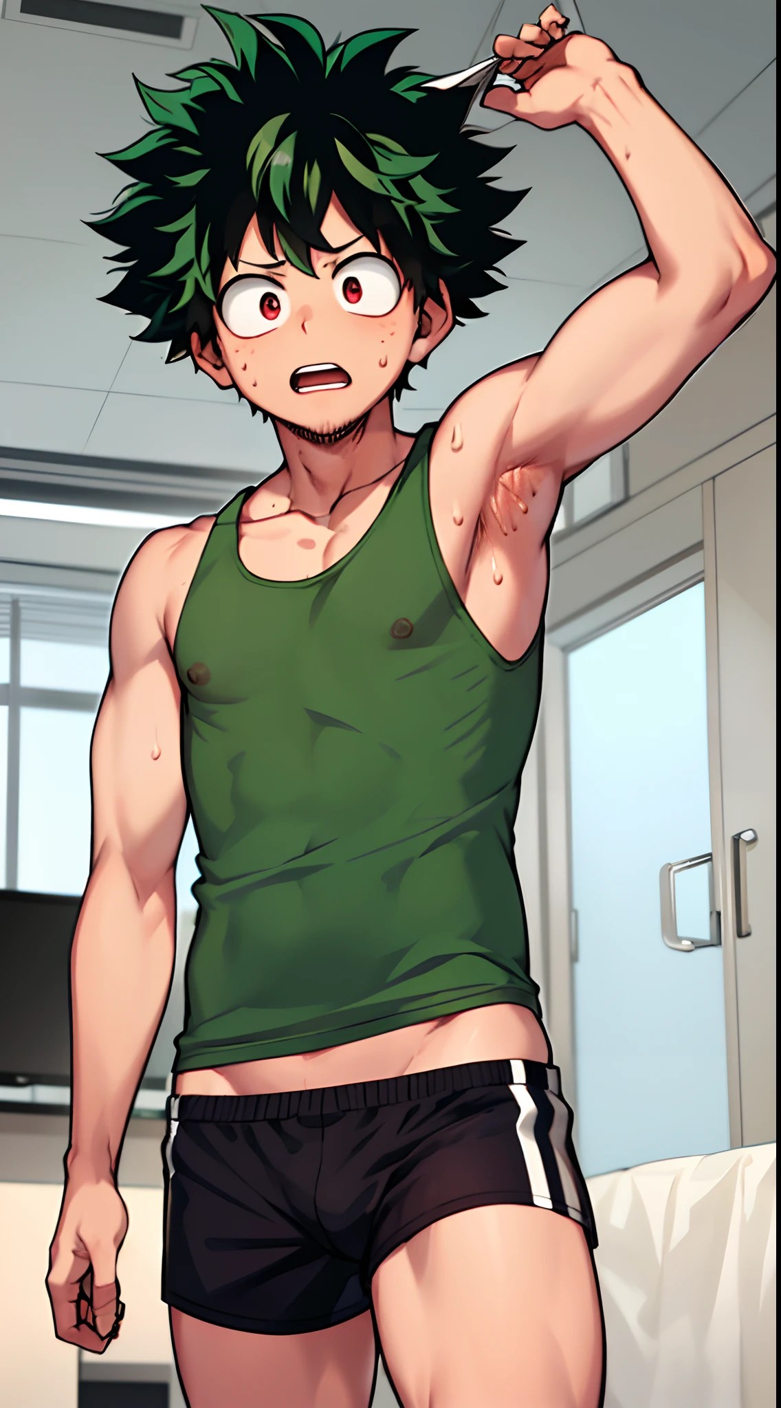 (NSFW), 1boy, absurdres, midoriya izuku, bare shoulders, shirtless, armpit, (showing armpit:1.3),  green hair, green eyes, eyebrows, freckles, furrowed brow, blurry, blurry background, boku no hero academia, curly hair, highres, looking away, male focus, muscular, muscular male, open mouth, red eyes, short hair, spiked hair, sweat, tank top, twitter username, wiping sweat,