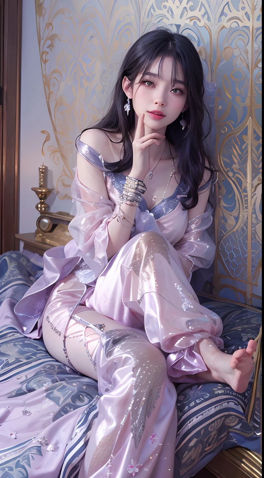 1girll,(enchanced quality:1.4),(Top quality true texture skin), Delicate face,Black hair, Gradient hair, Petite body,(perfect bodies:1.1), There are precious stones on the forehead, rimless eyewears, Sparkling pupils,long eyelasher,grin, hyper photorealism, Cinematic lighting, projected inset, surrealism, hyper HD, Masterpiece, 16k,Lie down,dream on,Wear transparent silk pajamas,Carmelto,Legs slightly open,Tattooed with,Fantasy space,Luxurious space