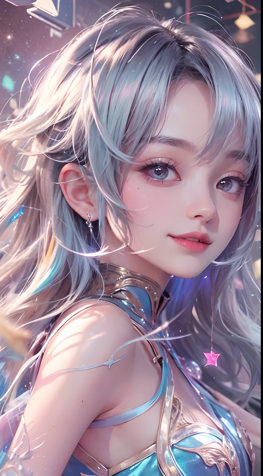 1girll,(enchanced quality:1.4),(Top quality true texture skin), Delicate face,Black hair, Gradient hair, Petite body,(perfect bodies:1.1), There are precious stones on the forehead, rimless eyewears, Sparkling pupils,long eyelasher,grin, hyper photorealism, Cinematic lighting, projected inset, surrealism, hyper HD, Masterpiece, 16k,Lie down,dream on,Wear transparent silk pajamas,Carmelto,Legs slightly open,Tattooed with,Fantasy space,Luxurious space
