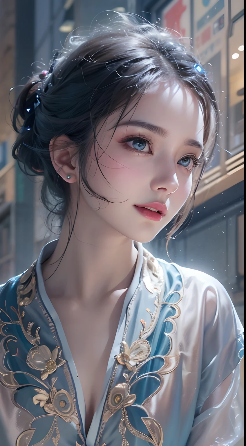 1girll,(enchanced quality:1.4),(Top quality true texture skin), Delicate face,Black hair, Gradient hair, Petite body,(perfect bodies:1.1), There are precious stones on the forehead, rimless eyewears, Sparkling pupils,long eyelasher,grin, hyper photorealism, Cinematic lighting, projected inset, surrealism, hyper HD, Masterpiece, 16k,Lie down,dream on,Wear transparent silk pajamas,Carmelto,Legs slightly open,Tattooed with,Fantasy space,Luxurious space