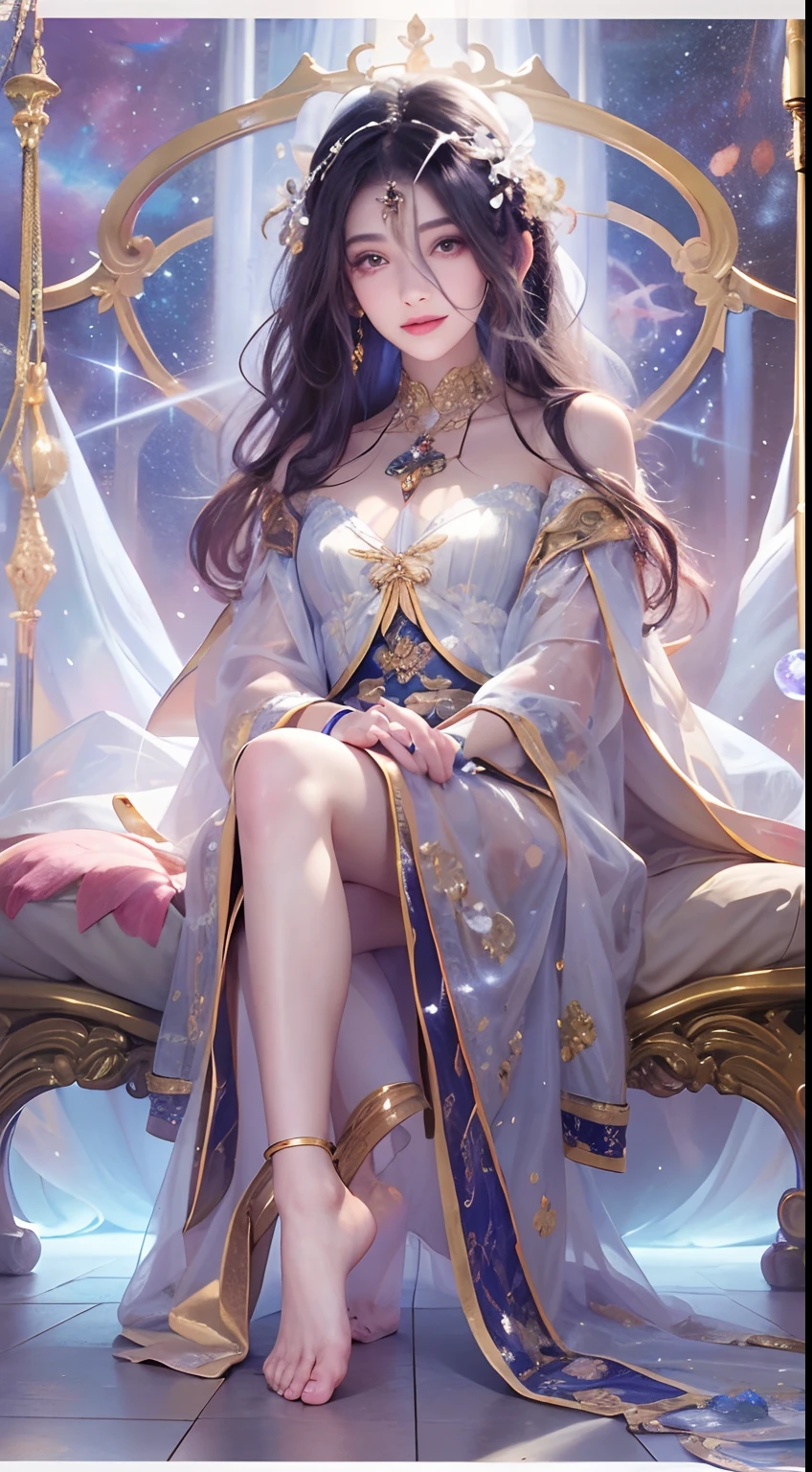 1girll,(enchanced quality:1.4),(Top quality true texture skin), Delicate face,Black hair, Gradient hair, Petite body,(perfect bodies:1.1), There are precious stones on the forehead, rimless eyewears, Sparkling pupils,long eyelasher,grin, hyper photorealism, Cinematic lighting, projected inset, surrealism, hyper HD, Masterpiece, 16k,Lie down,dream on,Wear transparent silk pajamas,Carmelto,Legs slightly open,Tattooed with,Fantasy space,Luxurious space