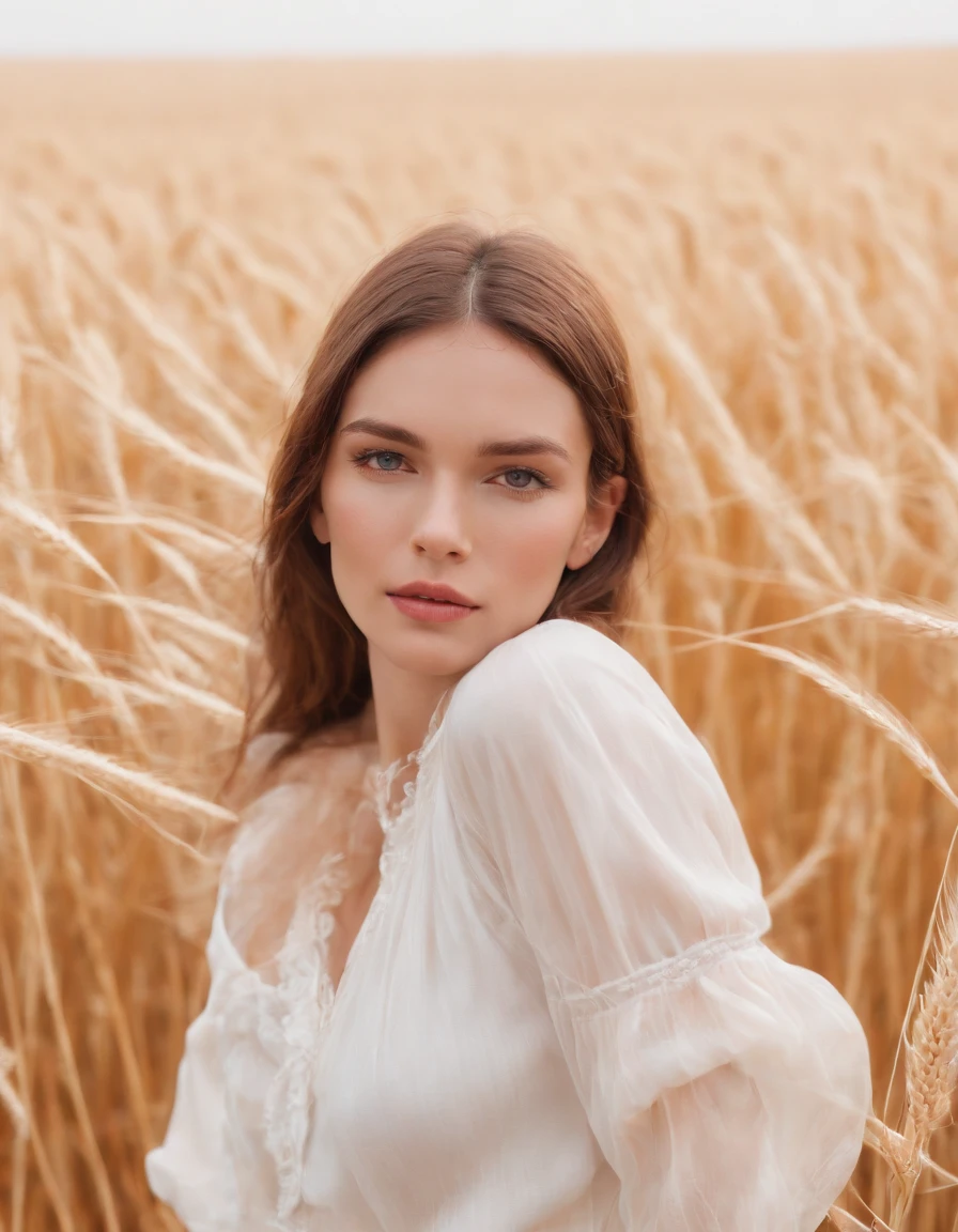 a woman in a white blouse and pants standing in a wheat field, in the style of gossamer fabrics, asymmetrical balance, y2k aesthetic, luminous hues, flowing fabrics, anja millen, kitsch and camp charm, medium close-up