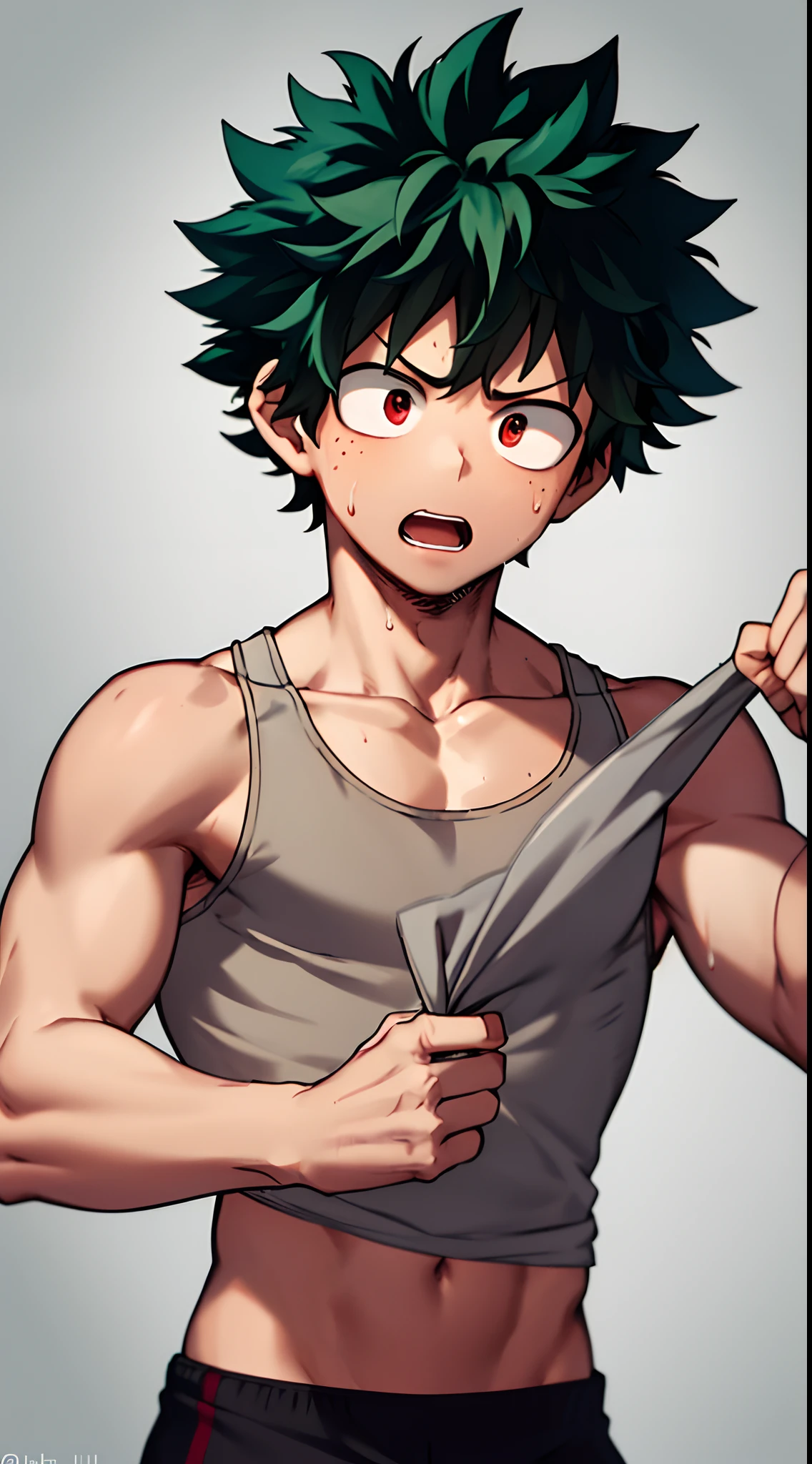 (NSFW), 1 chico, absurdos, midoriya izuku, hombros descubiertos, Sin camisa, axila, (showing axila:1.3), pelo verde, ojos verdes, Cejas, pecas, Frown, borroso, borroso background, boku no hero academia, Pelo RIZADO, high resolution, mirando hacia otro lado, enfoque masculino, muscular, muscular male, boca abierta, ojos rojos, cabello corto, pelo de punta, sudor, Camiseta sin mangas, nombre de usuario, wiping sudor,