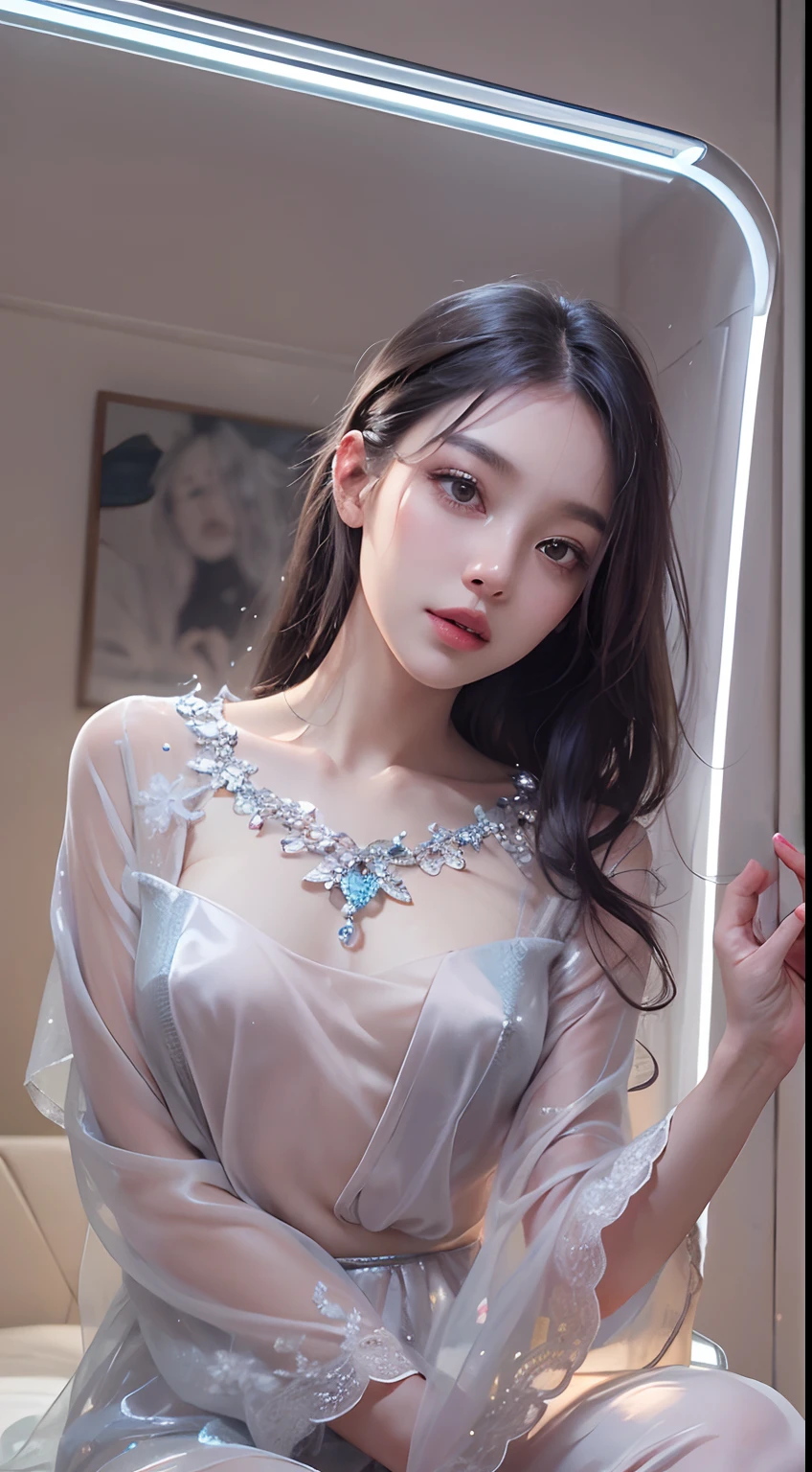 1girll,(enchanced quality:1.4),(Top quality true texture skin), Delicate face,Black hair, Gradient hair, Petite body,(perfect bodies:1.1), There are precious stones on the forehead, rimless eyewears, Sparkling pupils,long eyelasher,grin, hyper photorealism, Cinematic lighting, projected inset, surrealism, hyper HD, Masterpiece, 16k,Lie down,dream on,Wear transparent silk pajamas,Carmelto,Legs slightly open,Tattooed with,Fantasy space,Luxurious space