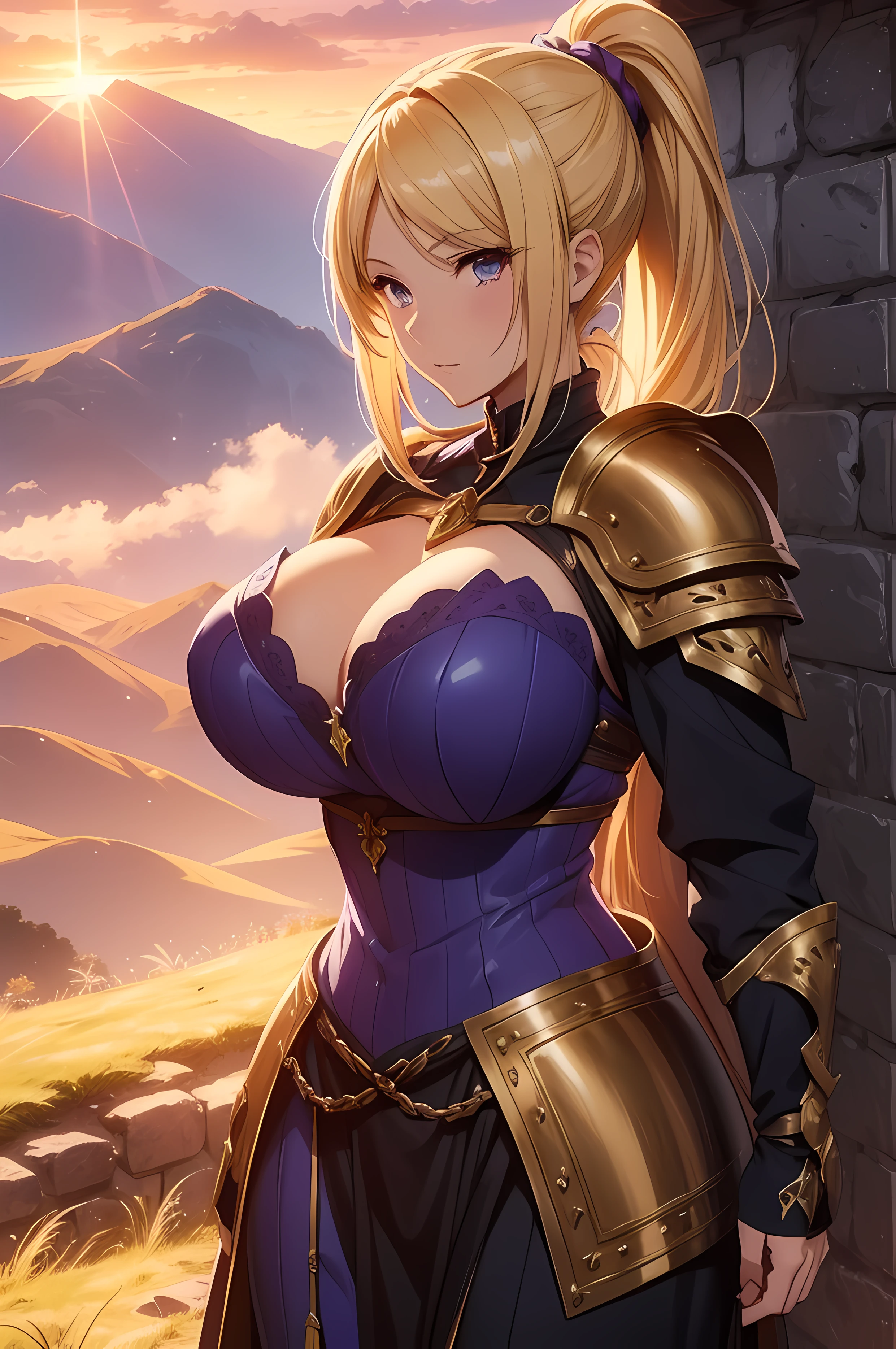 A beautiful woman, ((medieval clothe, medieval chest armor)), very big breast, very big ass, perfect figure, Tachibana Omina art style, top of the mountain, blond color hair, ponytail hairstyle, 1girl, masterpiece, extremly detailed, (beautiful detailed glow), lens flare, sunrise, clouds, backlighting, purple sky, yellow sky, gradient sky