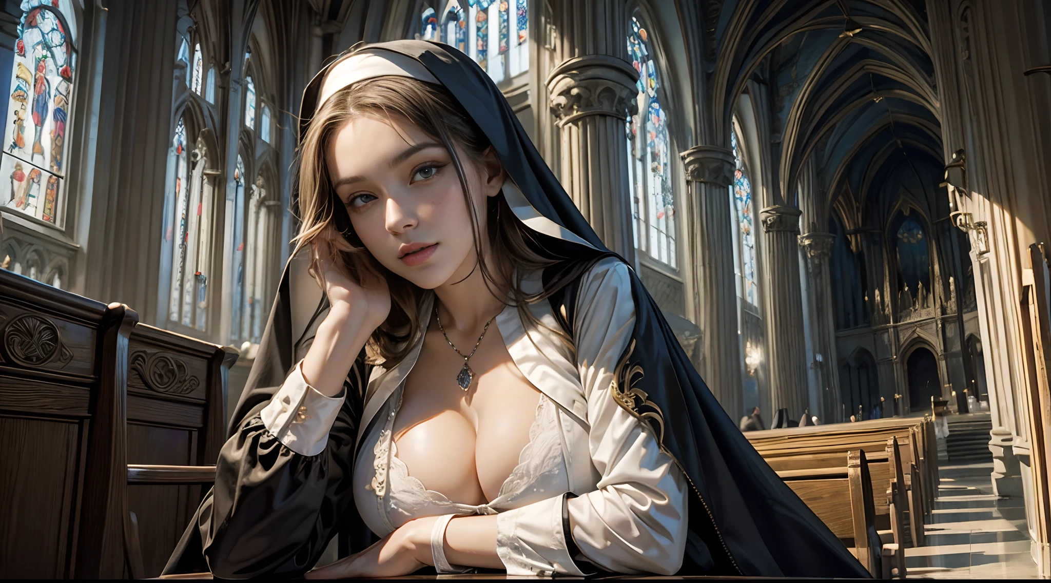 ((best qualtiy)), ((tmasterpiece)), ((Realistis)), (A detailed), (realisticlying:1.5),illusory engine, (High detail: 1.9),(femele:1.4),(big breasts beautiful: 1.4),(carismatic:1.3), (Large breasts),lewd nun,beuaty girl,beauitful face, looking at viewert, dynamicposes,The background is the church, Ray traching, Mid-range portrait