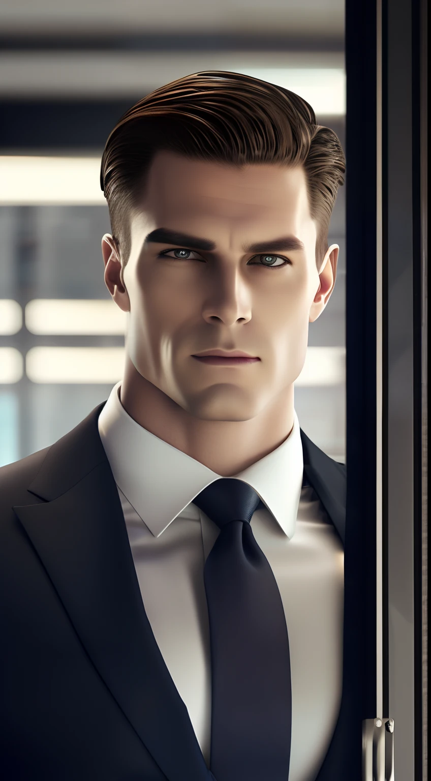 1man, matured male inside his office building, square jawline, taper haircut, suit and tie, photo realistic, headshot (8K, Best Quality, Masterpiece, Ultra High Definition: 1.2)