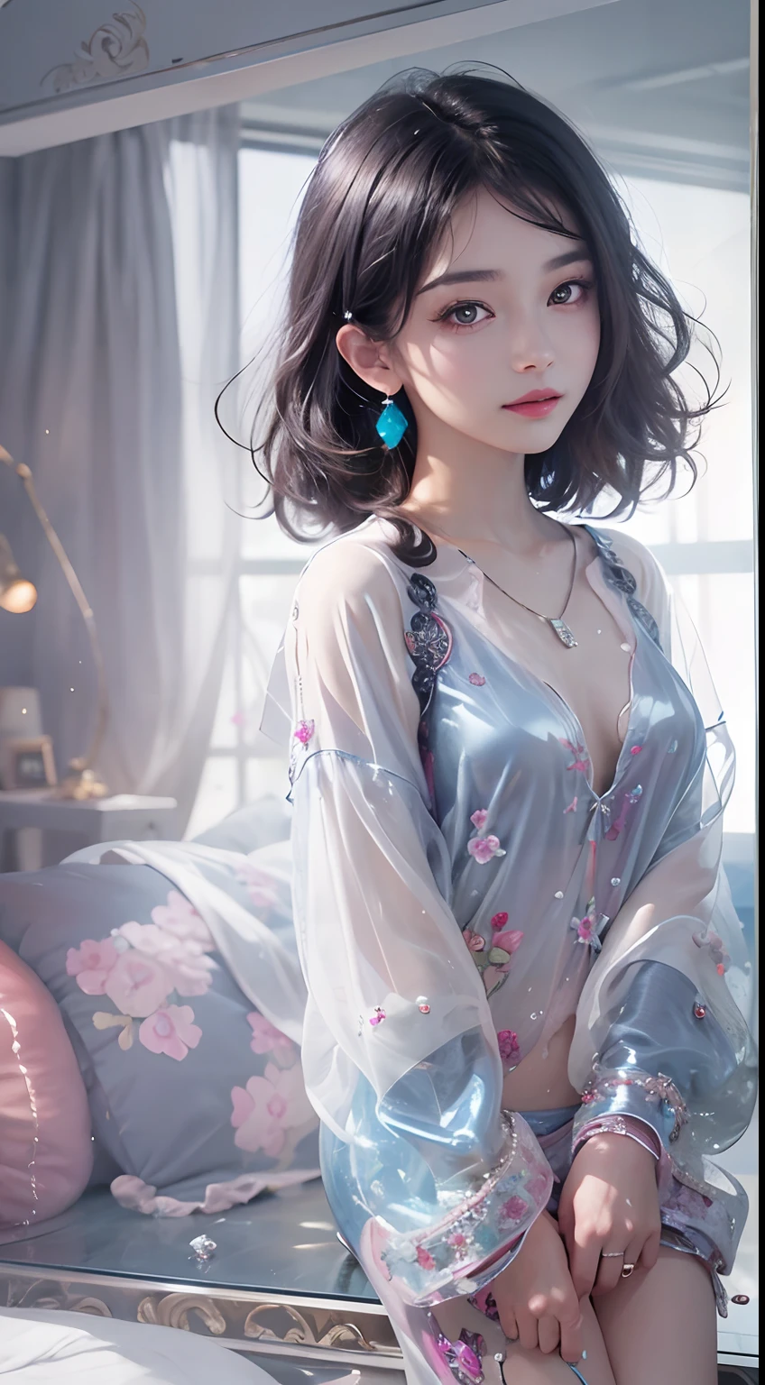 1girll,（enchanced quality：1.4），（Top quality true texture skin), Delicate face,Black hair, Gradient hair, Petite body,（perfect bodies：1.1）, There are precious stones on the forehead, rimless eyewears, Sparkling pupils，long eyelasher,grin, hyper photorealism, Cinematic lighting, projected inset, surrealism, hyper HD, Masterpiece, 16k，Lie down，dream on，Wear transparent silk pajamas,Carmelto,Legs slightly open，Tattooed with，Fantasy space，Luxurious space