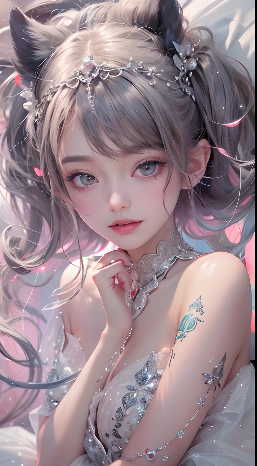 1girll,(enchanced quality:1.4),(Top quality true texture skin), Delicate face,Black hair, Gradient hair, Petite body,(perfect bodies:1.1), There are precious stones on the forehead, rimless eyewears, Sparkling pupils,long eyelasher,grin, hyper photorealism, Cinematic lighting, projected inset, surrealism, hyper HD, Masterpiece, 16k,Lie down,dream on,Wear transparent silk pajamas,Carmelto,Legs slightly open,Tattooed with,Fantasy space,Luxurious space