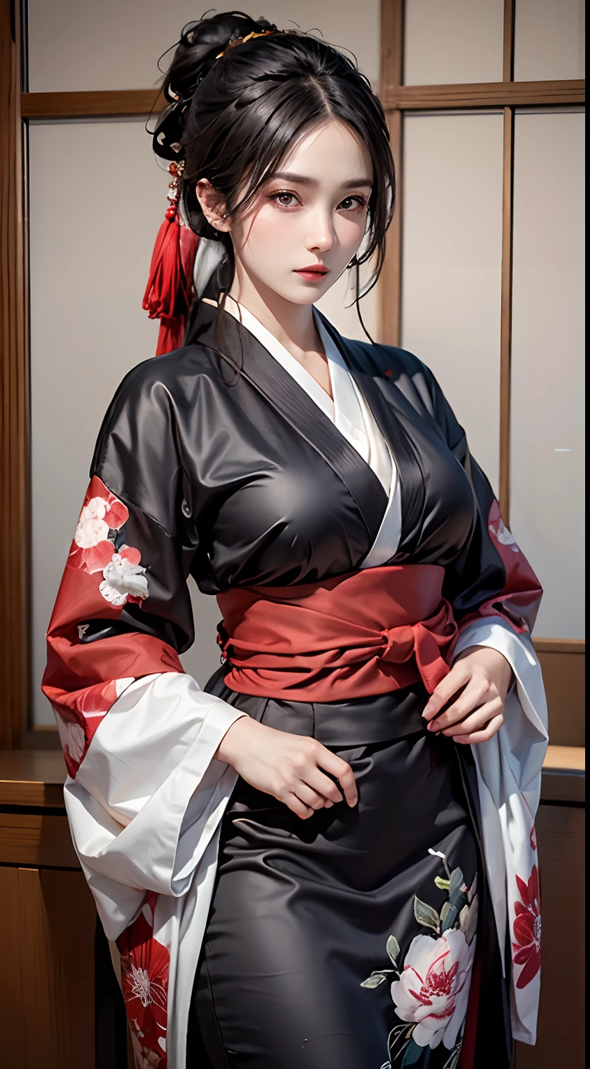 photorealistic, high resolution, 1women, mature female, solo, hips up, black hair, emma \(sekiro\), japanese clothes, kimono, single hair bun, haori, mature female