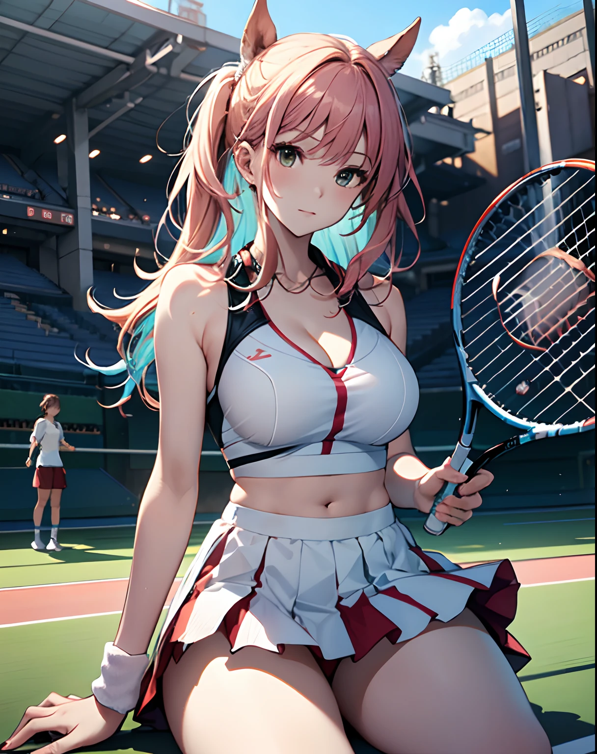 1 female tennis player,One guy,White shirt,Red skirt,White ball socks,dual horsetail,(vibrancy:1.3)、Tennis racket in hand,dynamicposes,(stadio:1.5)、closeup cleavage、RAW photography, top-quality, A high resolution, (tmasterpiece), (Photorealsitic:1.4),foco nítido, NFFSW, 8K分辨率, intricately details, depth of fields, the Extremely Detailed CG Unity 8K Wallpapers, Frontlighting,