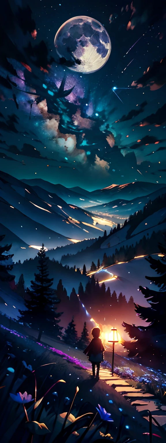 Expansive landscape photograph, (view from below with a view of the sky and the wilderness below), girl standing in a flower field looking up, (full moon: 1.2), (shooting star: 0.9), (nebula: 1.3), distant mountain, tree break production art, (warm light source: 1.2), (firefly: 1.2), lamp, purple and orange, intricate detail, volume lighting BREAK (masterpiece: 1.2), (highest quality ), 4k, ultra-detailed, (dynamic configuration: 1.4), highly detailed and colorful details (iridescent: 1.2), (sparkling lighting, atmospheric lighting), dreamy, magical, (solo: 1.2)