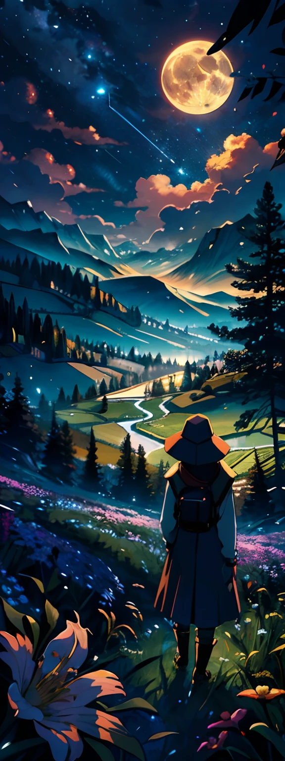Expansive landscape photograph, (view from below with a view of the sky and the wilderness below),  girl standing in a flower field looking up, (full moon: 1.2), (shooting star: 0.9), (nebula: 1.3), distant mountain, tree break production art, (warm light source: 1.2), (firefly: 1.2), lamp, purple and orange, intricate detail, volume lighting BREAK (masterpiece: 1.2), (highest quality ), 4k, ultra-detailed, (dynamic configuration: 1.4), highly detailed and colorful details (iridescent: 1.2), (sparkling lighting, atmospheric lighting), dreamy, magical, (solo: 1.2)