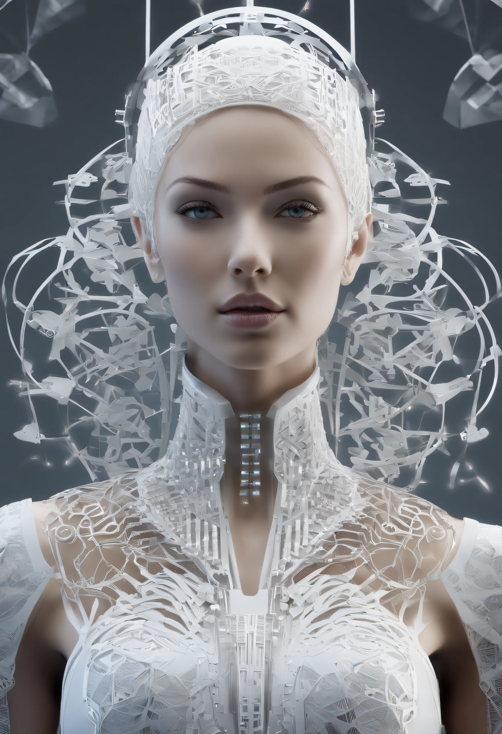 (Natural hormones for women),Cyberpunk,Mechanical,blue eye glows,metal surfaces,Digital display,advanced technique,Futuristic,Neon light,electromagnetic field,Sharp edges,streamlined line design,Numerical Biology,Biomechanical,mystical ambiance,Glass visor,heightened senses,Energetic posture,Invisible circuits,holographic projections,Colored wires,Full body photo of a pure white female cyborg