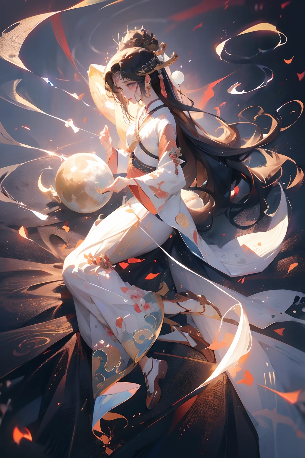 (full bodyesbian:1.25),extremely colorful,(tmasterpiece:1,2),Best Picture Quality,Extremely detailed CG, 8k wallpaper,A high resolution,Original,Extremely detailed wallpapers,Delicate and plump body,Chang'e,(Lying on the moon:1.5),Guanghan Palace,Flocks of rabbits,A shallow smile,Long black hair,cropped shoulders,(Hanfu,:1.5),