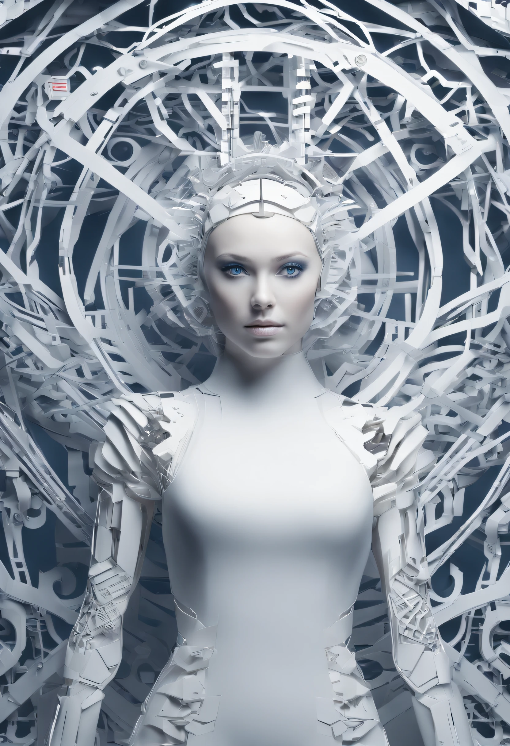 (Natural hormones for women),Cyberpunk,Mechanical,blue eye glows,metal surfaces,Digital display,advanced technique,Futuristic,Neon light,electromagnetic field,Sharp edges,streamlined line design,Numerical Biology,Biomechanical,mystical ambiance,Glass visor,heightened senses,Energetic posture,Invisible circuits,holographic projections,Colored wires,Full body photo of a pure white female cyborg