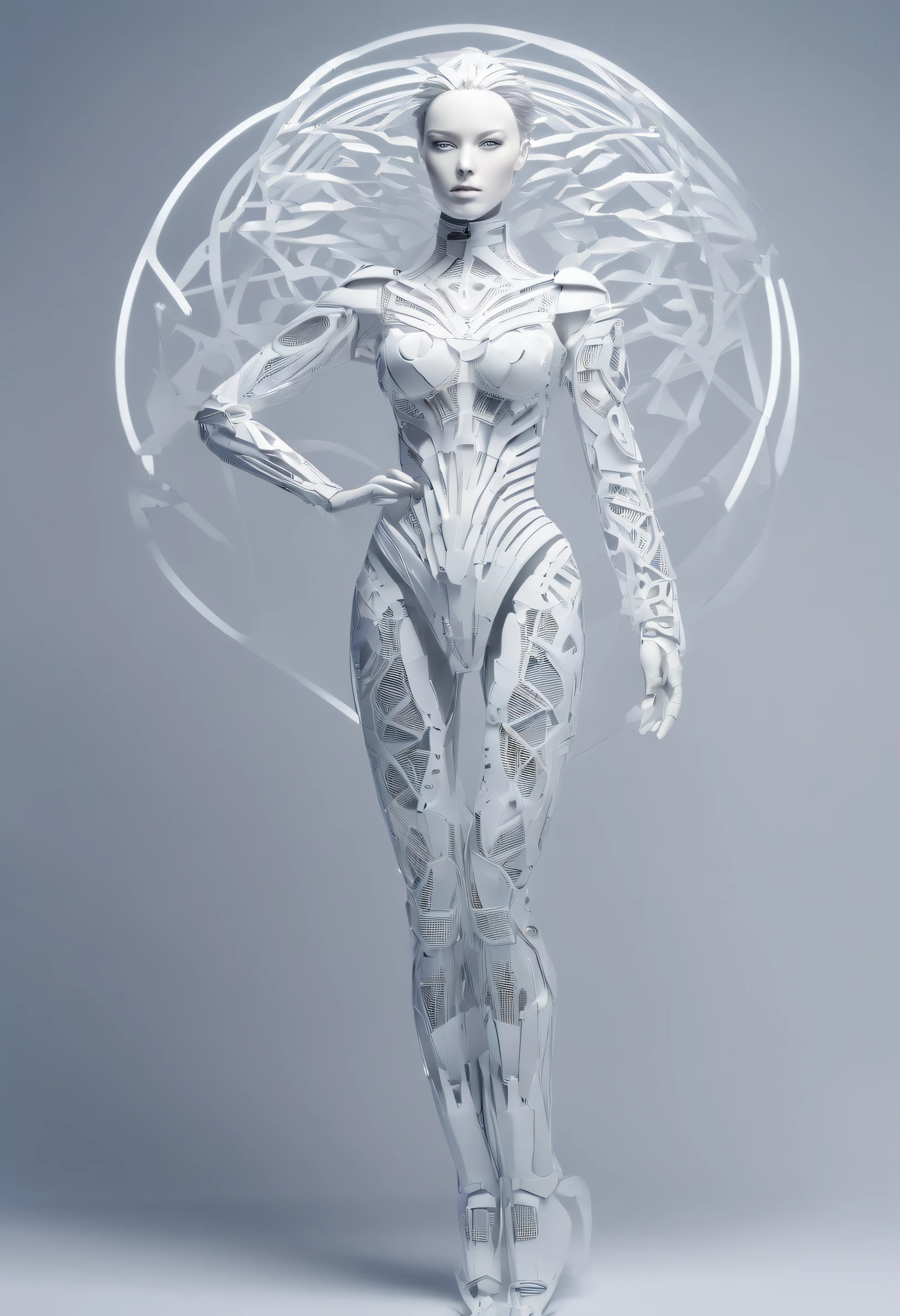 (Natural hormones for women),Cyberpunk,Mechanical,blue eye glows,metal surfaces,Digital display,advanced technique,Futuristic,Neon light,electromagnetic field,Sharp edges,streamlined line design,Numerical Biology,Biomechanical,mystical ambiance,Glass visor,heightened senses,Energetic posture,Invisible circuits,holographic projections,Colored wires,Full body photo of a pure white female cyborg