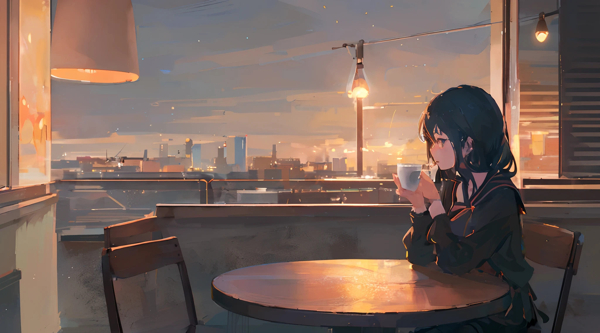 anime girl sitting at a table with a cup of coffee, Anime art wallpaper 8k, anime art wallpaper 4k, anime art wallpaper 4k, atey ghailan 8 k, 4k anime wallpaper, by Atey Ghailan, relaxing concept art, nostalgic melancholic artwork, ilya kuvshinov landscape, by makoto shinkai