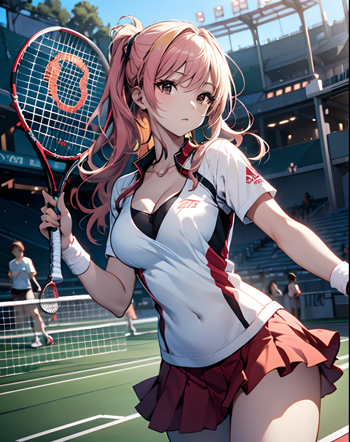 1 female tennis player，One guy，White shirt，Red skirt，White ball socks，dual horsetail，(vibrancy:1.3)、Tennis racket in hand，dynamicposes，(stadio:1.5)、closeup cleavage、RAW photography, top-quality, A high resolution, (tmasterpiece), (Photorealsitic:1.4),foco nítido, NFFSW, 8K分辨率, intricately details, depth of fields, the Extremely Detailed CG Unity 8K Wallpapers, Frontlighting,