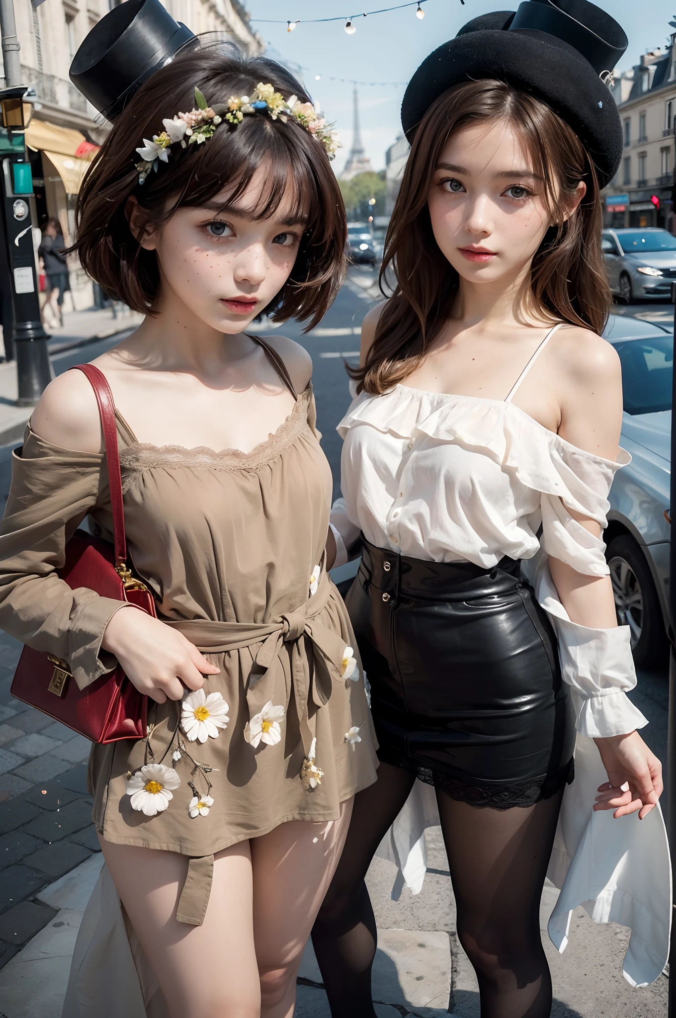 primitive,, (((Two girls,duo,caressing the))),Nikon Z 85mm, award-winning glamorous photography,((Best quality)), ((Masterpiece)), ((Realistic)), 18th century, Vintage image, Beautiful French woman wears, Lace dress, Wearing a crown, 25 years, (Long brown hair), Brown eyes, (Large breasts), Sitting outside a café in Paris, Eiffel tower in the background, small, ((Small breasts)), Innocent, Flower pedal in the air, ((freckle)), Intricate details, Highly detailed, Sharp focus, professional, 4K, spring flowers blooming, divine rays, Hand model, stunning blue eyes, small, Delicate, Innocent, high resolution, Detailed facial features, High detail, Sharp focus, smooth, Aesthetic, Extremely detailed, photore_\(Supergianthugebreasts\), Photorealistic, Realistic, Post-processing, Maximum detail, Roughness, Real life, Ultra photo realsisim, Photorealism, Photography, 8K UHD, Photography, light SEMI-SILHOUETTE, russian face