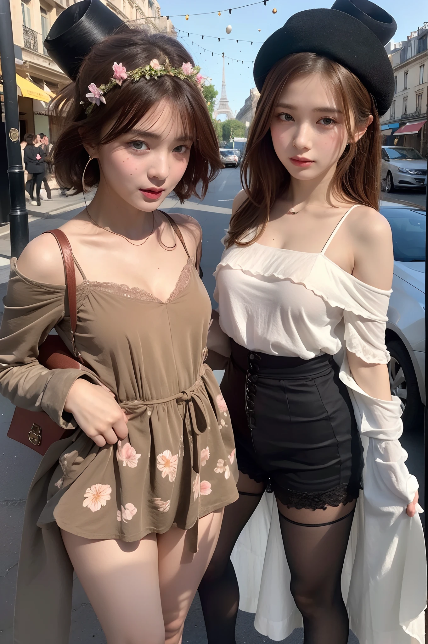 primitive,, (((Two girls,duo,caressing the))),Nikon Z 85mm, award-winning glamorous photography,((Best quality)), ((Masterpiece)), ((Realistic)), 18th century, Vintage image, Beautiful French woman wears, Lace dress, Wearing a crown, 25 years, (Long brown hair), Brown eyes, (Large breasts), Sitting outside a café in Paris, Eiffel tower in the background, small, ((Small breasts)), Innocent, Flower pedal in the air,  ((freckle)), Intricate details, Highly detailed, Sharp focus, professional, 4K, spring flowers blooming, divine rays, Hand model, stunning blue eyes, small, Delicate, Innocent, high resolution, Detailed facial features, High detail, Sharp focus, smooth, Aesthetic, Extremely detailed, photore_\(Supergianthugebreasts\), Photorealistic, Realistic, Post-processing, Maximum detail, Roughness, Real life, Ultra photo realsisim, Photorealism, Photography, 8K  UHD, Photography, light SEMI-SILHOUETTE, russian face