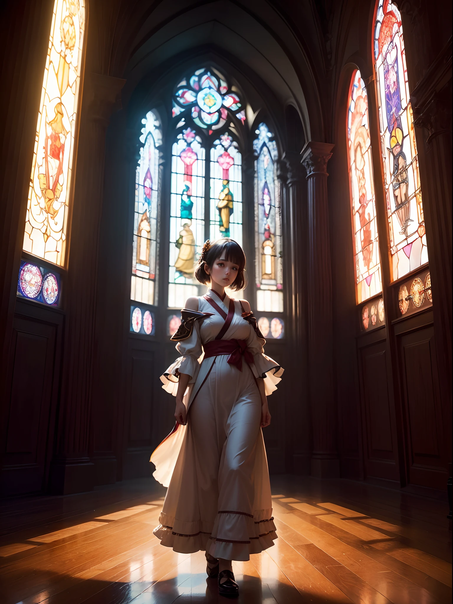 (masutepiece, of the highest quality, Best Quality,Official art, Beautiful and aesthetic:1.2),(1girl in:1.3), 1 Girl Break Stained Glass Art, Colored Glass, Lead Line, Light transmission Break Bright colors, intricate designs, luminous effect, Spiritual atmosphere