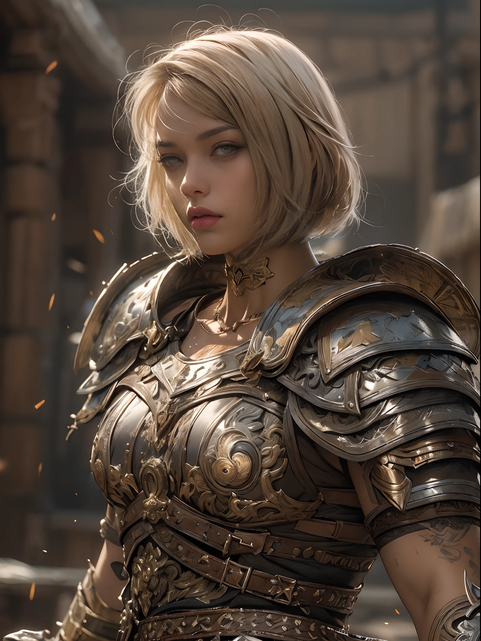 (((of the highest quality: 1.4))),(unparalleled masterpiece ever), (Ultra high definition),(Ultra realistic 8K CG), (((adult body))), (((1girl in))), ((( Bob Shorthair ))), Gladiators with perfect bodies,,Beautiful and well-groomed face,muscular body:1.4,Detailed breastplate, gauntlets、is standing, (Image from head to thigh),(( Light Brown Bob Shorthair )),, Simon Bisley's urban savage style,Detailed ancient Roman background,Clean abs, Complex equipment, Dark brown with white stars and gray and white stripes,,,s Armor, Poison tattoo