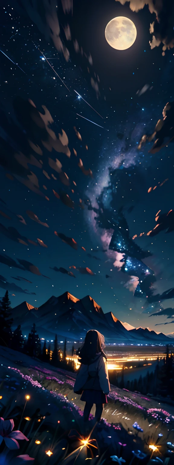 Expansive landscape photograph, (view from below with a view of the sky and the wilderness below), little girl standing in a flower field looking up, (full moon: 1.2), (shooting star: 0.9), (nebula: 1.3), distant mountain, tree break production art, (warm light source: 1.2), (firefly: 1.2), lamp, purple and orange, intricate detail, volume lighting BREAK (masterpiece: 1.2), (highest quality ), 4k, ultra-detailed, (dynamic configuration: 1.4), highly detailed and colorful details (iridescent: 1.2), (sparkling lighting, atmospheric lighting), dreamy, magical, (solo: 1.2)